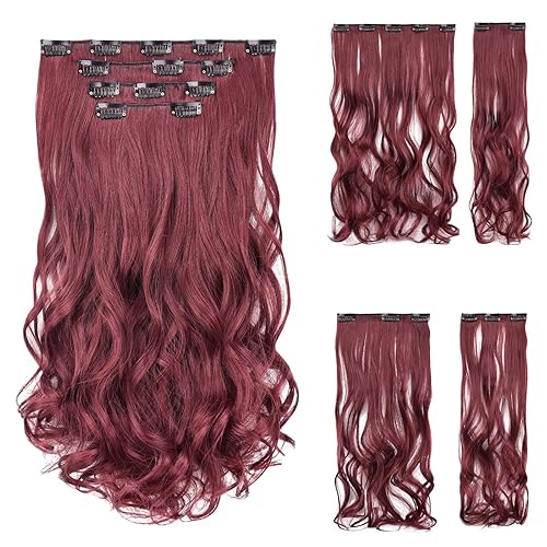 Miniatura 9 de SYXLCYGG Extensiones de cabello ondulado color burdeos, 4 piezas, extensiones de cabello sintético de 18 pulgadas, 5.5 onzas, rizado, color rojo