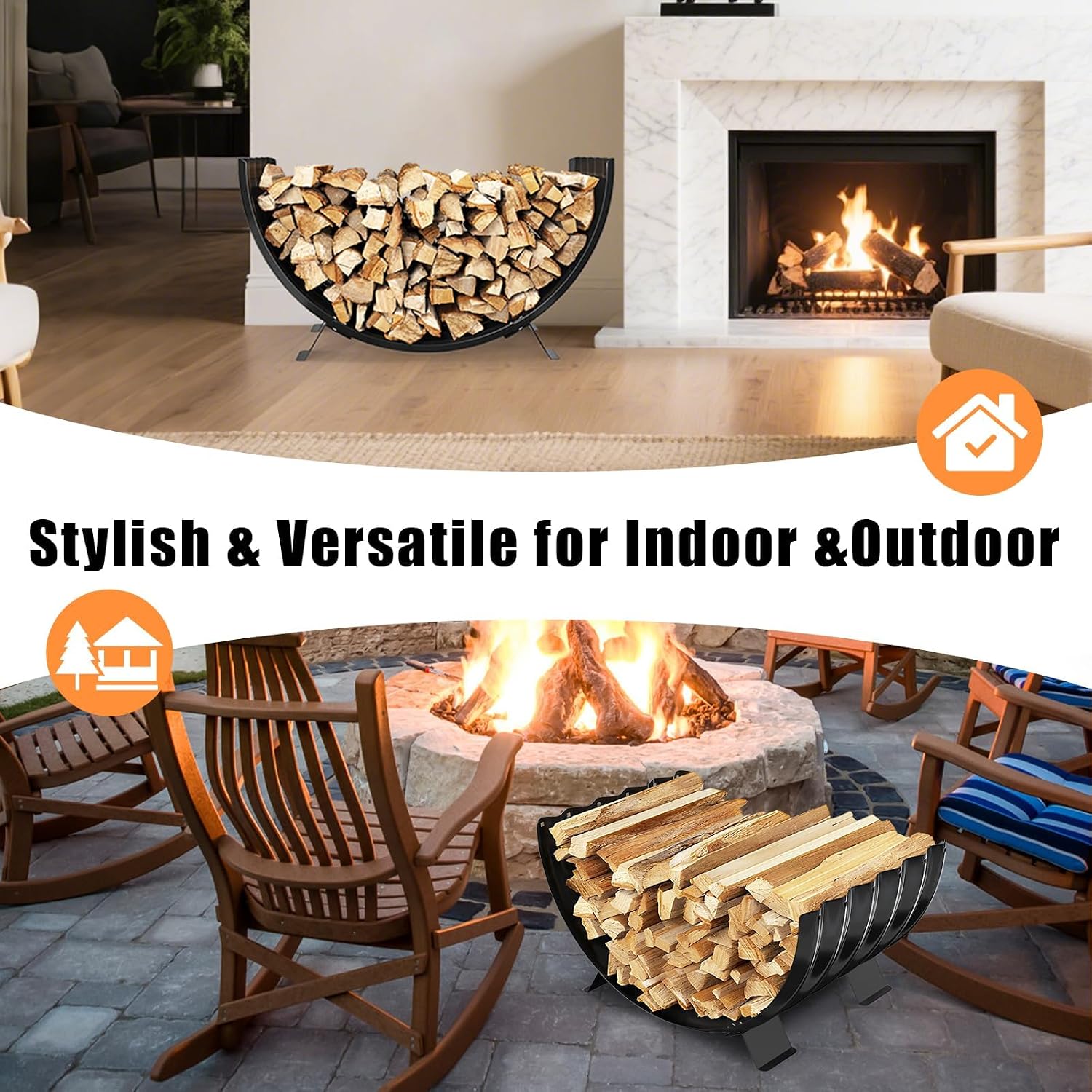 Firewood Rack Indoor Outdoor, 24IN Heavy Duty Metal Firewood Holder for Fireplace Wood Storage, Rustic Log Racks for Fire Pit, Porch, Backyard
