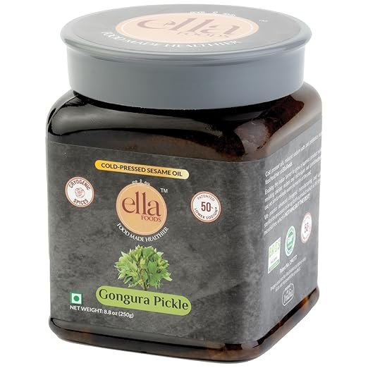 Ella Foods Gongura Pickle | Made with Handpicked Fresh Sorrel (Gongura) Leaves | Cold Pressed Sesame Oil | Authentic Tangy Flavour | No Preservatives | Traditional Indian Recipe | Original Andhra Style Pickle | Slow Fermentation | 250 g | Pack of 1