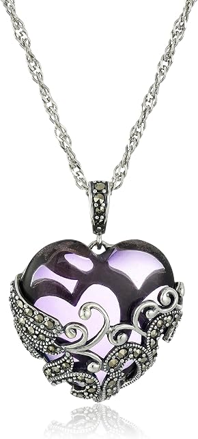 Sterling Silver Oxidized Marcasite and Gemstone Colored Glass Filigree Heart Pendant Necklace, 18"
