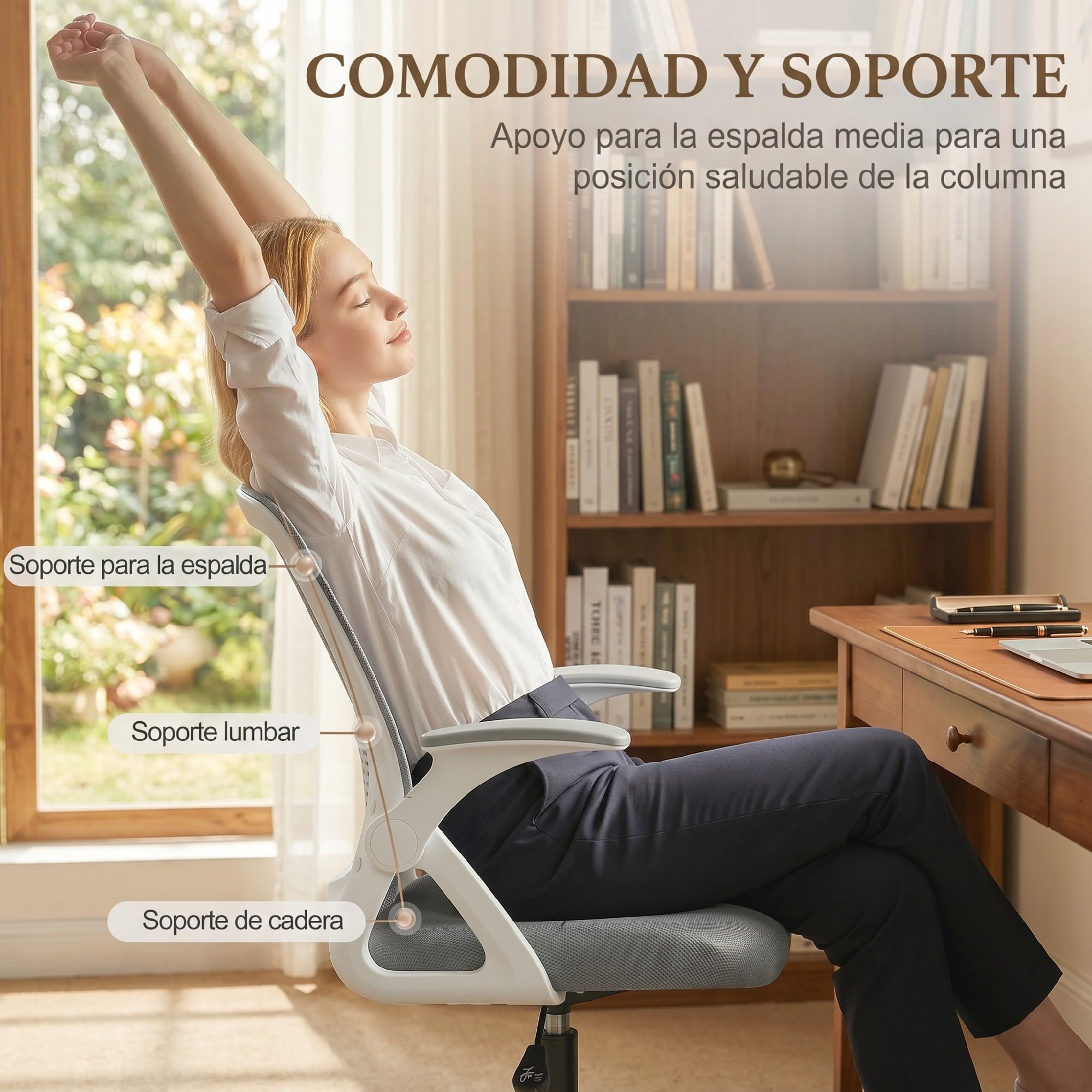 HOMCOM Silla de Escritorio de Malla, Silla de Dibujo con Reposabrazos Abatibles, Altura Ajustable, Soporte Lumbar, Reposapiés, Ruedas Giratorias para Oficina, Estudio, Gris