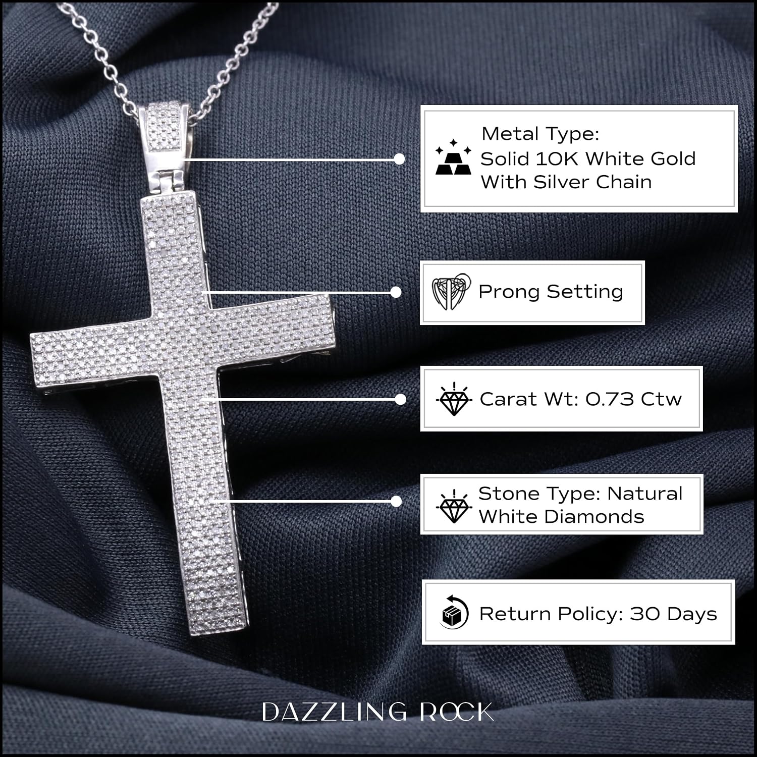 Dazzlingrock Collection Round White Natural Diamond Luminous Cross Pendant with 18 inch Chain for Men (0.73 ctw, Color I-J, Clarity I1-I3) in Real Solid Gold