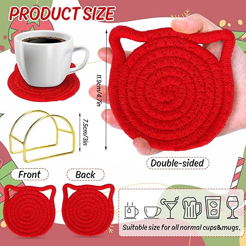 Miniatura 9 de Whaline Juego de posavasos con forma de oreja de gato, posavasos de algodón trenzados hechos a mano, antideslizantes, absorbentes, con soporte para