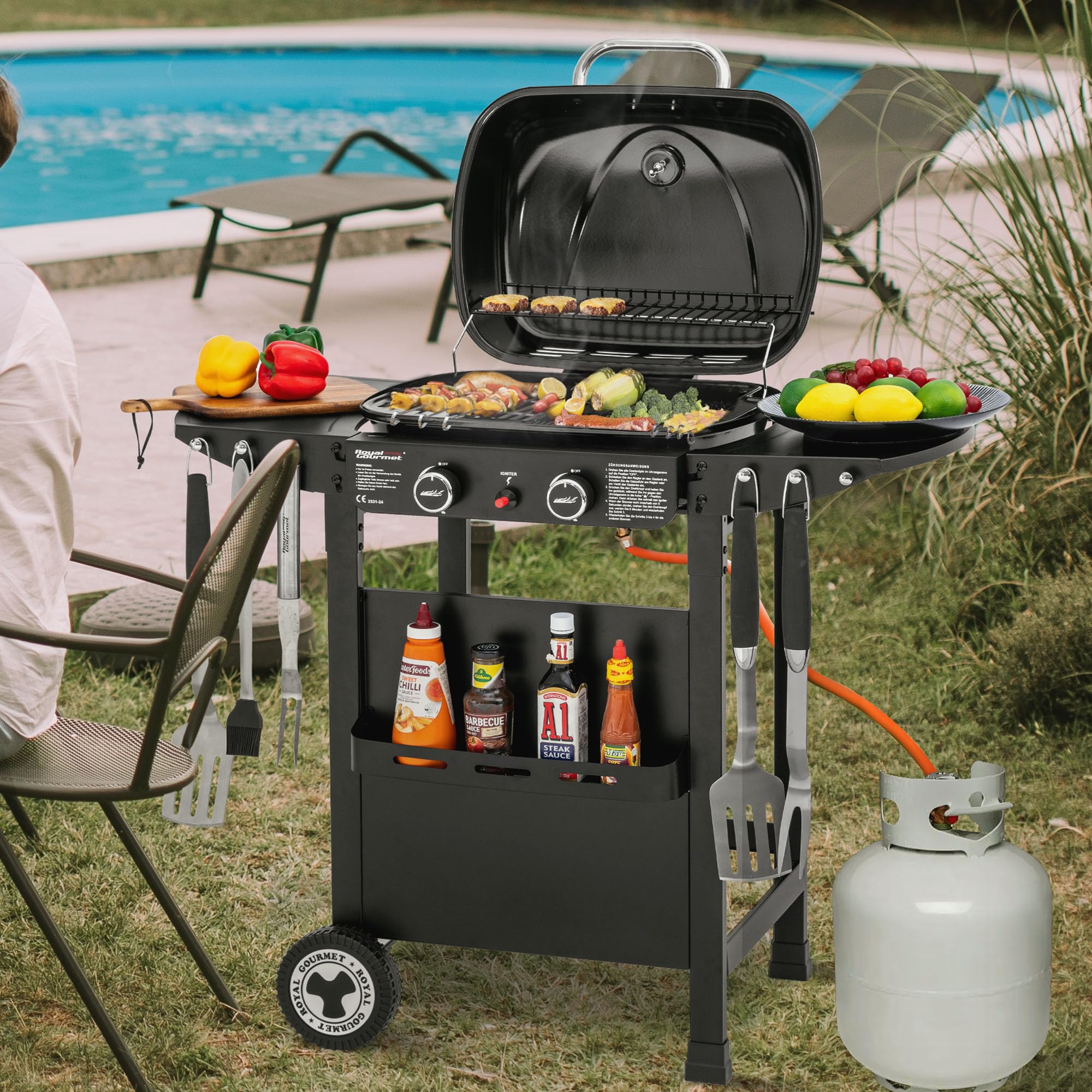 Royal Gourmet 2-Brenner Gasgrill und Griddle Combo, 2 IN 1 Grillwagen mit abklappbare Seitenablagen, Ablagekorb, 5 kW Campinggrill für Garten Schwarz