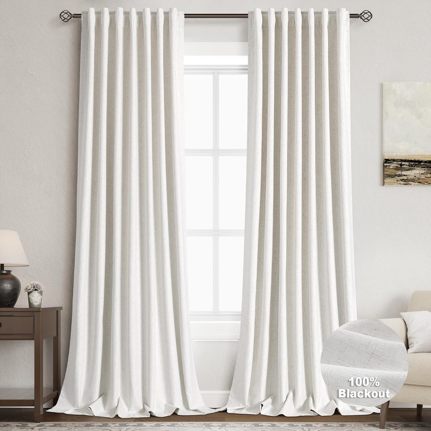 Linen Blackout 120 Inch Curtains for Living Room 2 Panels Set Cream Ivory Back Tab Textured Linen Drapes Farmhouse Thermal Insulated Long Curtains 120 Inches Long High Ceiling to Floor 10 Ft 52"W x 120"L (Pack of 2) Natural