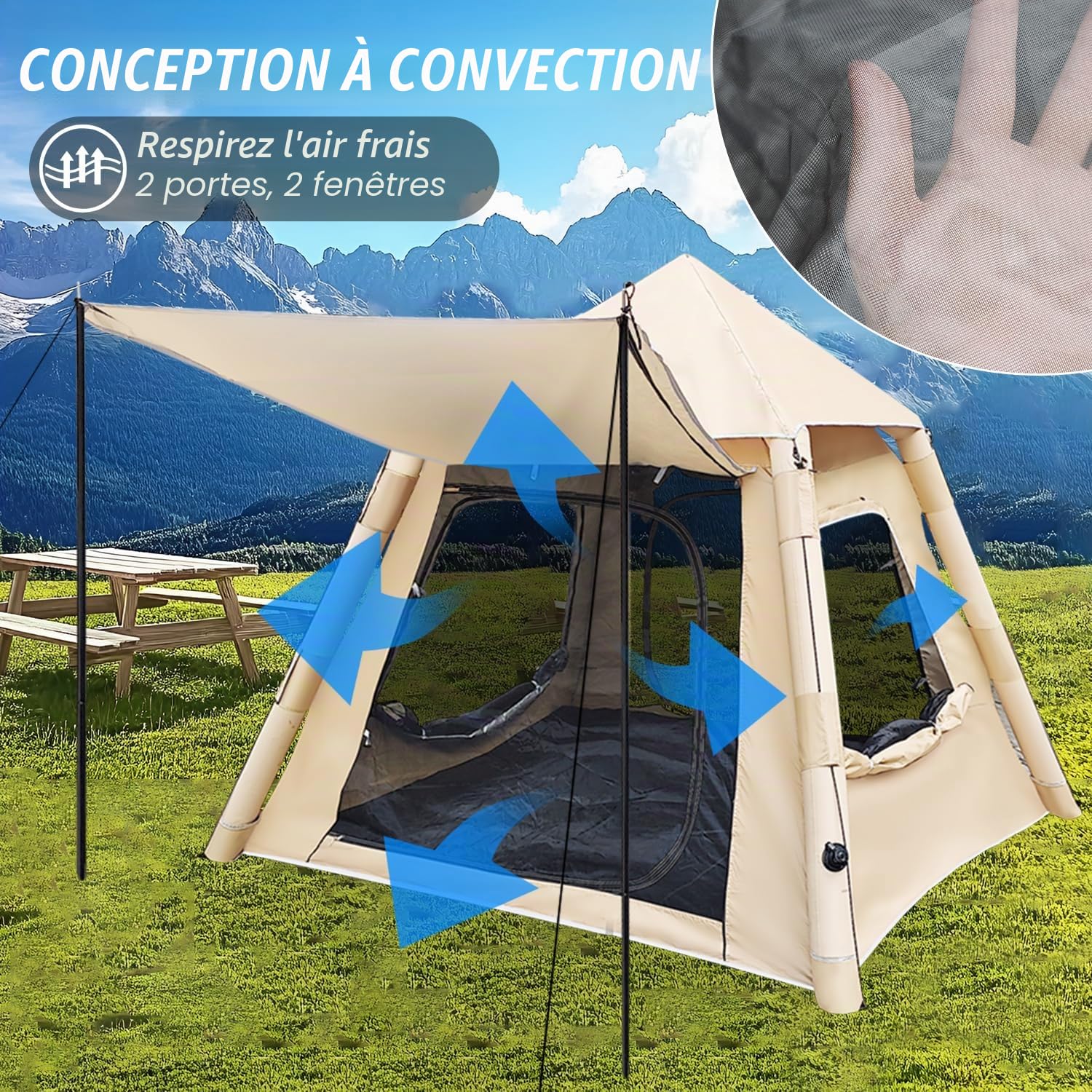 Tente de camping gonflable avec pompe pour 4 personnes, tente dôme gonflable avec sac de transport, tente de camping familiale 4 saisons, tente de camping 4 personnes, tente étanche pour camping et
