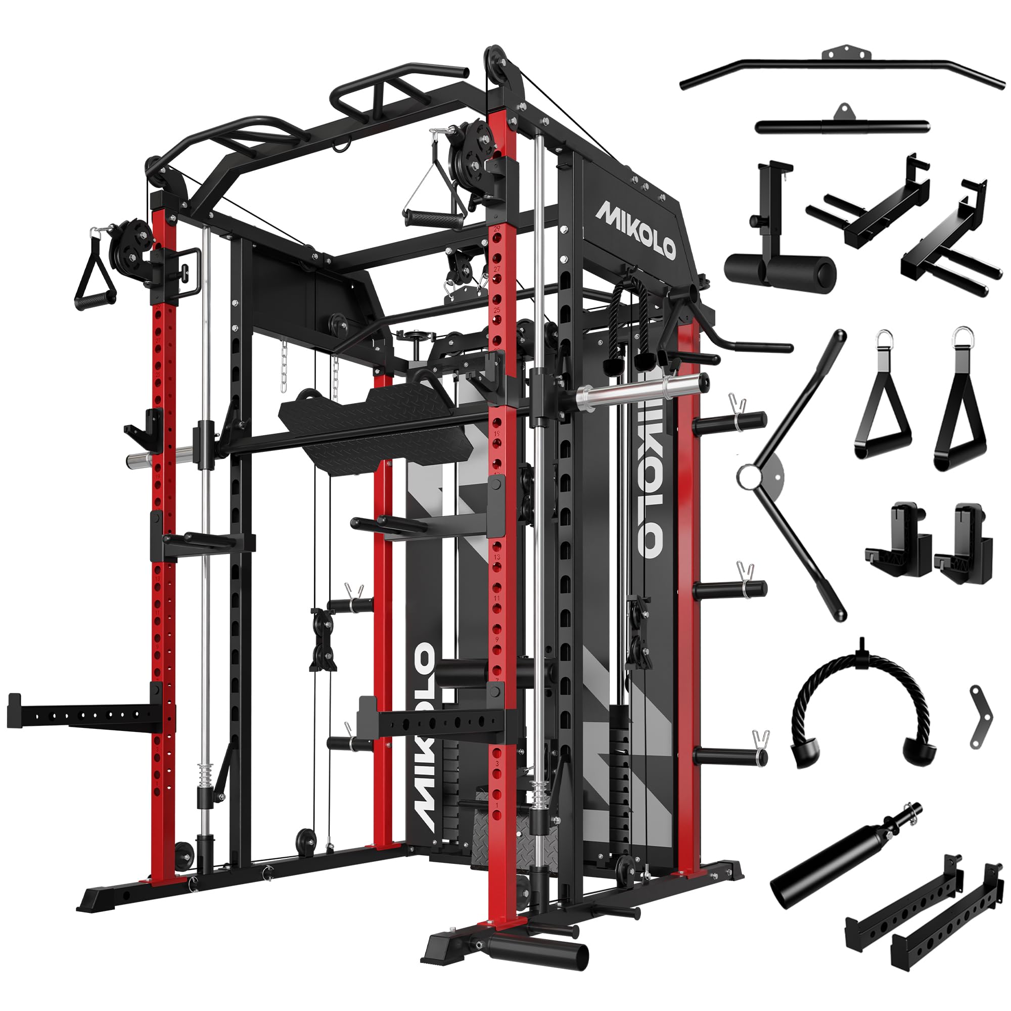 Mikolo Smith Machine with Weight Stack, Power Cage Home Gym System with LAT Pulldown &amp; Cable Crossover, Multi-Functional Trainer with Dual Pulley System, Includes 10+ Free Attachments