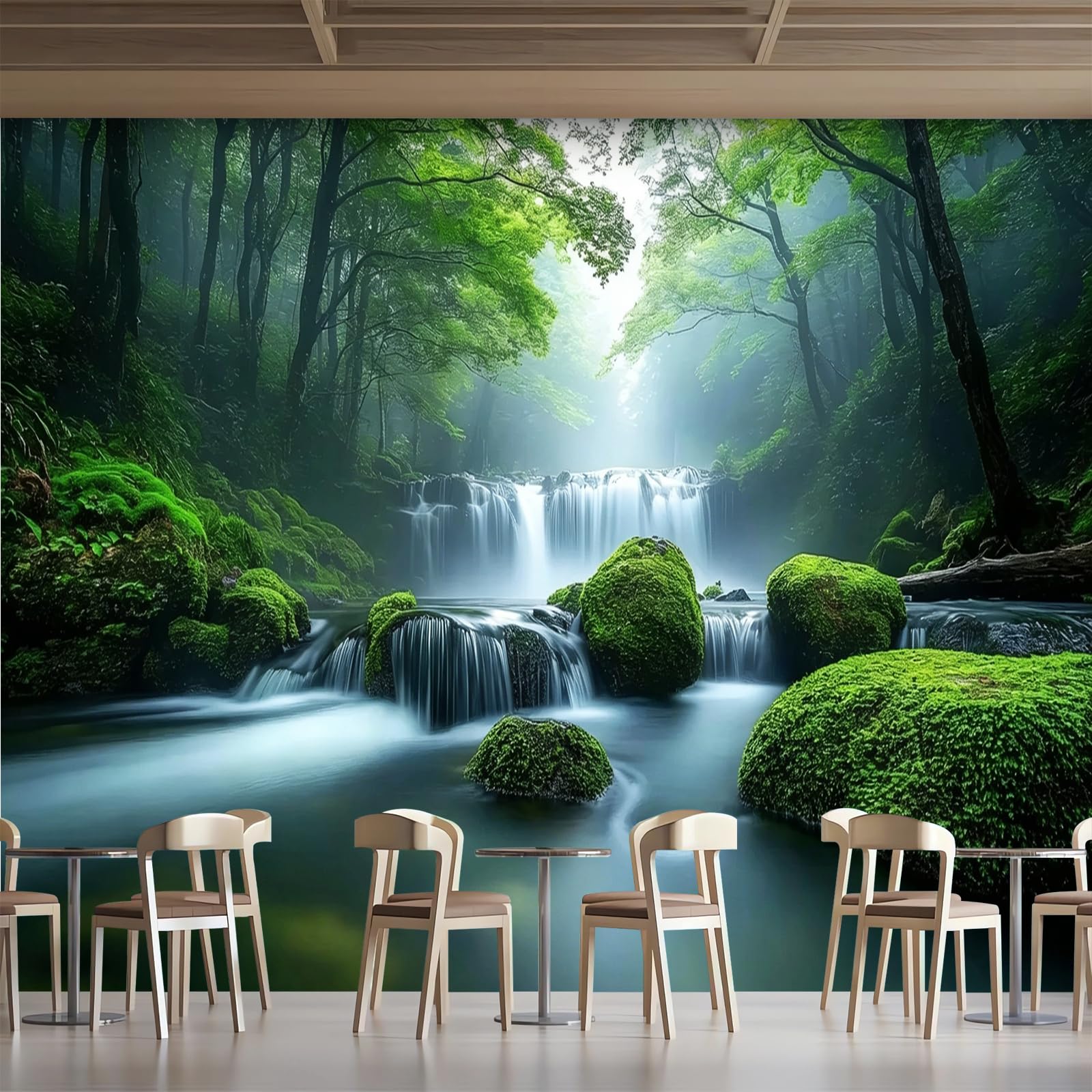 Générique Papier Peint Panoramique 3D 300x210 cm Forêt Cascade Non-tissé Murale Maison Décoration Intérieure Nature Paysage pour Chambre Salon Mur TV Artistique Poster Décoration Murale 1M2474