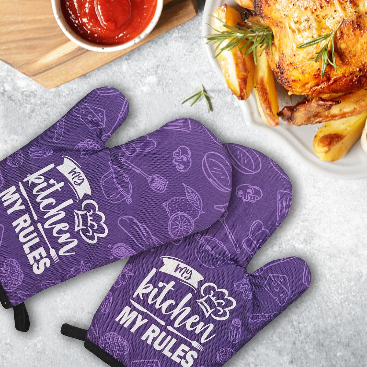 2 Pcs Funny Kitchen Oven Mitts My Kitchen My Rules Silicone Non-Slip Mitts Cooking Heat Resistant Oven Mitts with Hanging Loop Sweet Housewarming Gifts for Women Chef Friend Hostess Baker