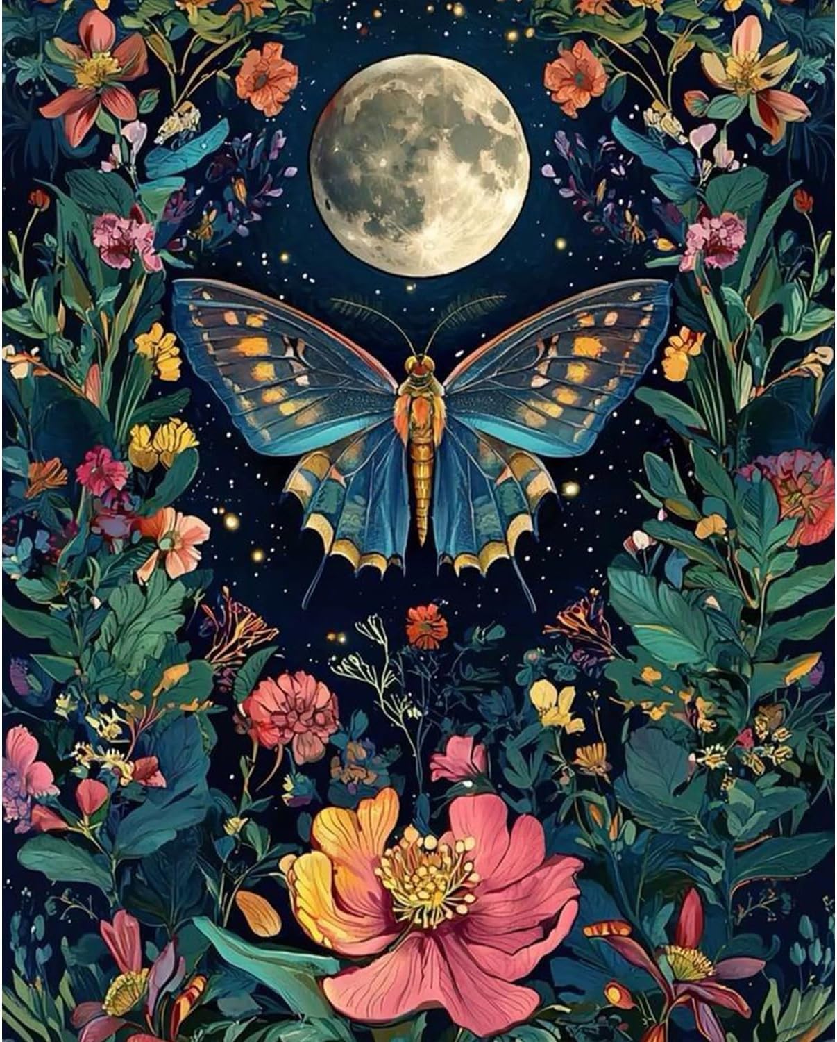 Formeyart Paint by Numbers Kit for Adults,DIY Dragonfly Painting Kits on Canvas, Color by Numbers,Night Large Adult Paint by Number for Gifts,Home Wall Decor (Moonlit Butterfly & Floral)