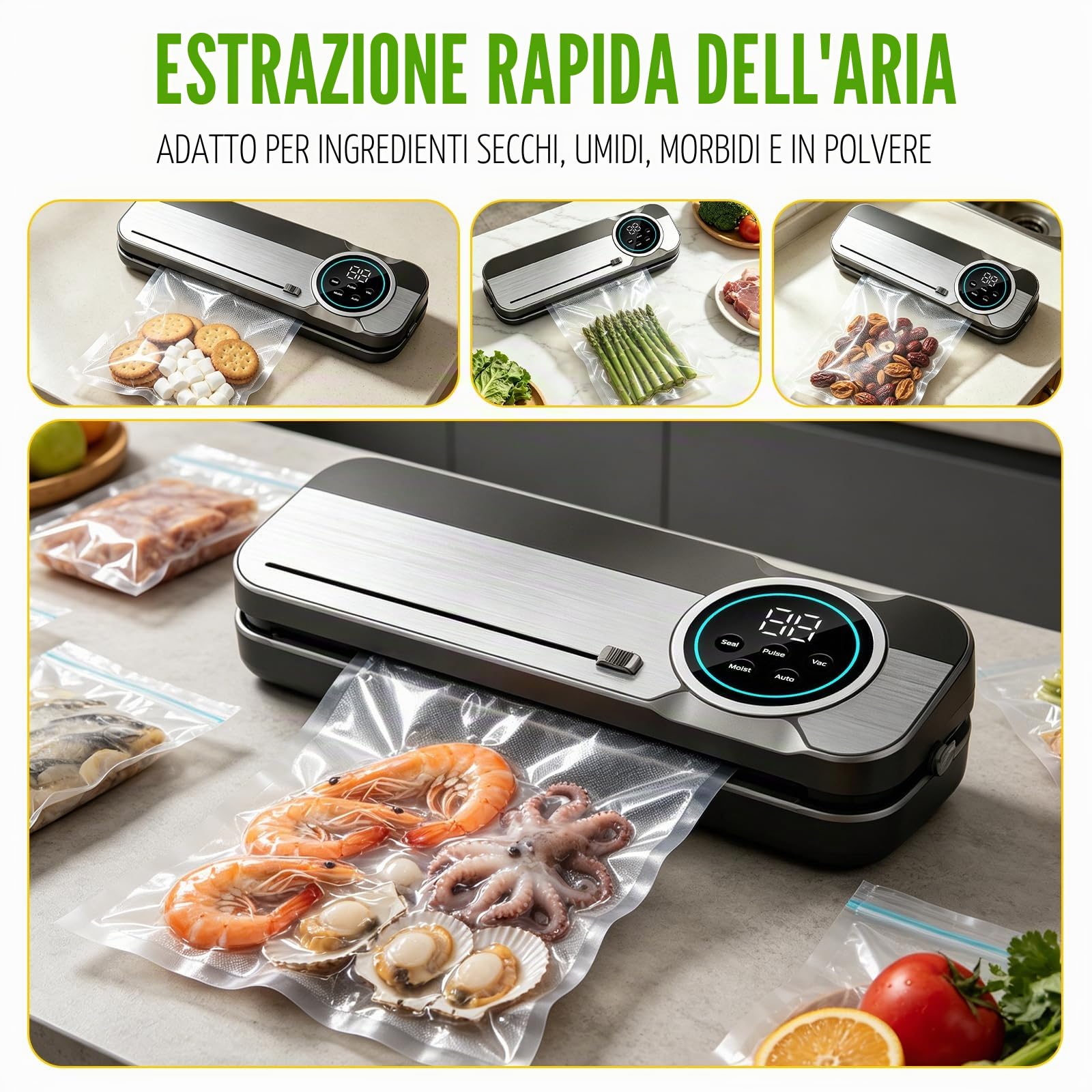 RoserRose Macchina Sottovuoto Alimenti 6 in 1, 75 KPA, 120W con Doppia Sigillatura a Caldo, Modalità Asciutto/Umido, Acciaio Inox 304, con 50 Sacchetti Sottovuoto e 1 Tubo Sottovuoto