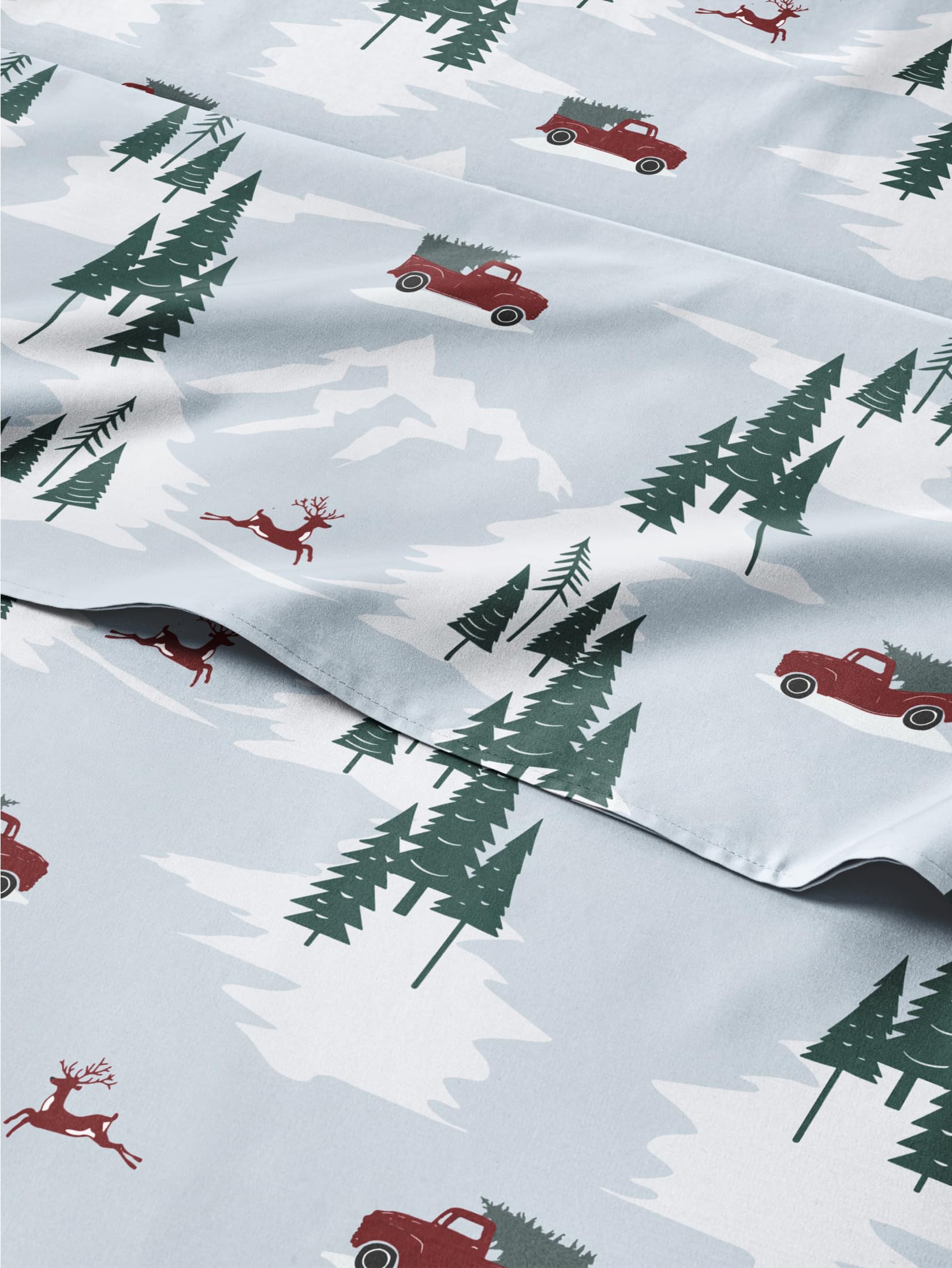 Christmas Sheet Set, Pickup Trucks, Holiday Xmas Bedding Set - Queen Size
