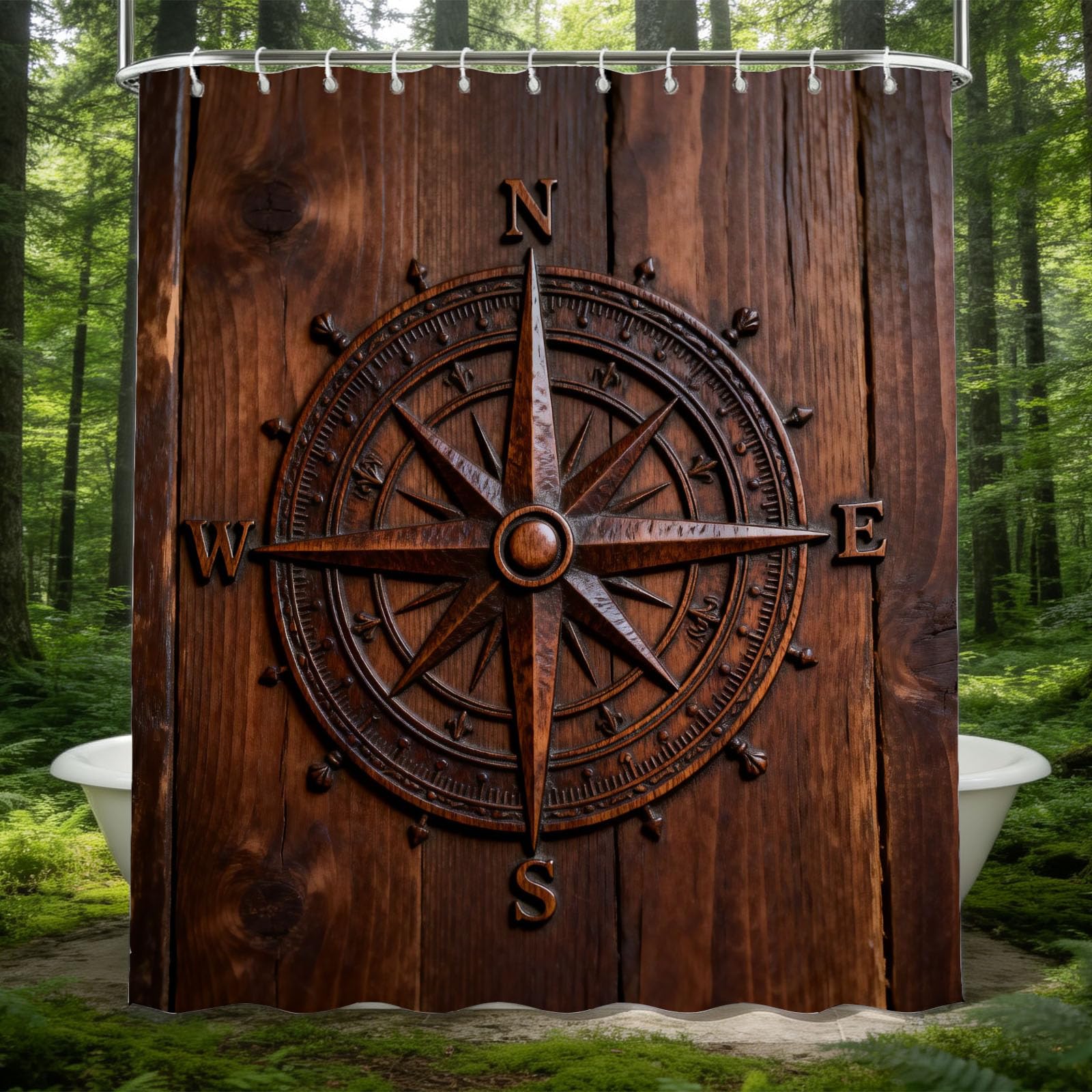Hongduo 3D Compass Shower Curtain for Stalls Bathtubs Adventure Theme Bathroom Decor Shower Curtain Set Polyester Fabric Waterproof 180x180cm/71X71 Inch with Hooks