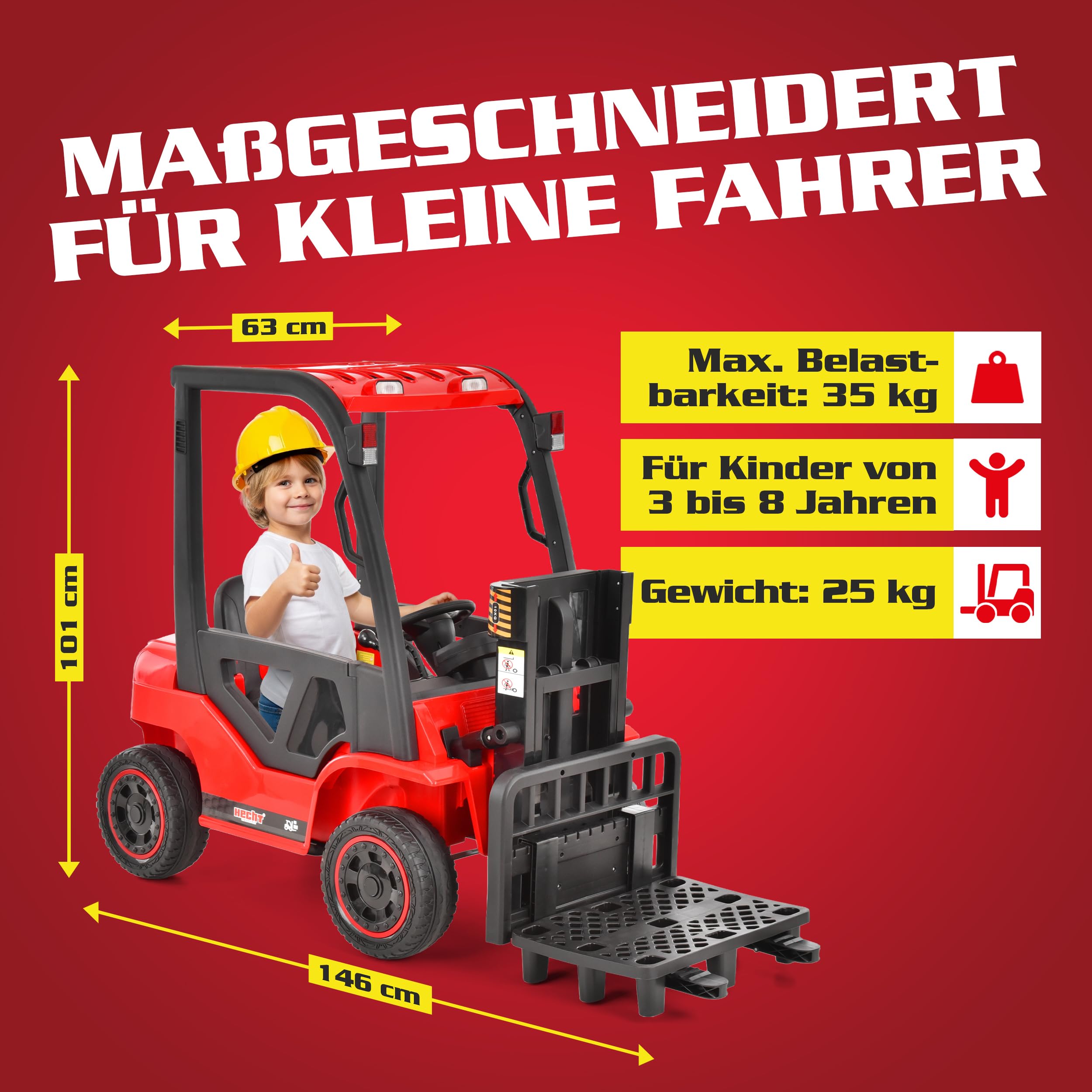 HECHT Kinder Elektro Gabelstapler 12V rot mit Fernbedienung | 2x40 W Motoren, ferngesteuertes Kinderfahrzeug ab 3 Jahre, bis 6 km/h, inkl. Palette und 35 kg Traglast