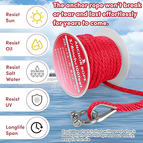 Vista 81 de Cuerda de anclaje premium de 100 pies x 3/8 pulgadas, cuerda marina de línea de anclaje MFP trenzada sólida con dedal y grillete, color negro