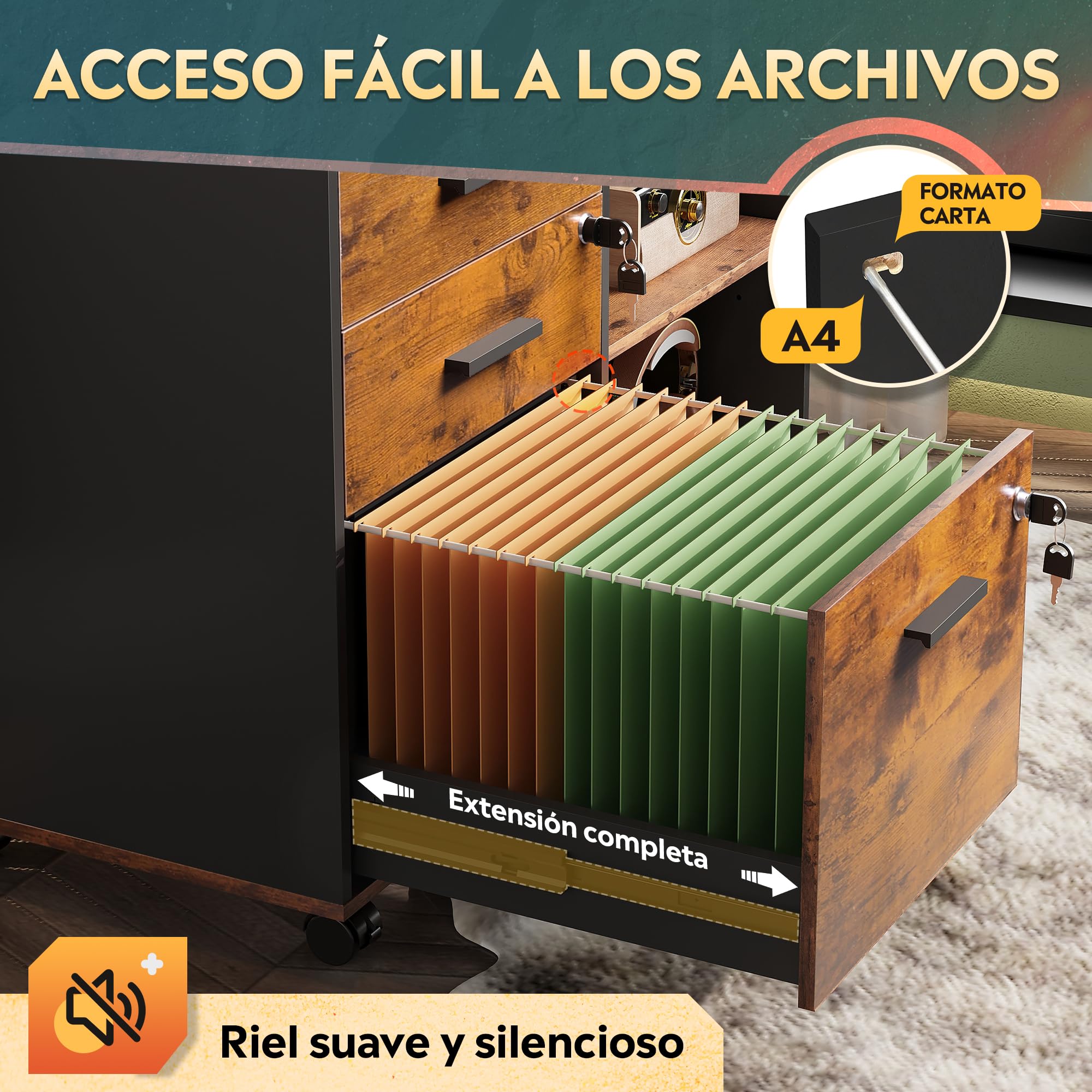 DEVAISE Carro Archivo 3 Cajones con Tablero Madera, Mueble para Impresora Diseño Retro, Marrón