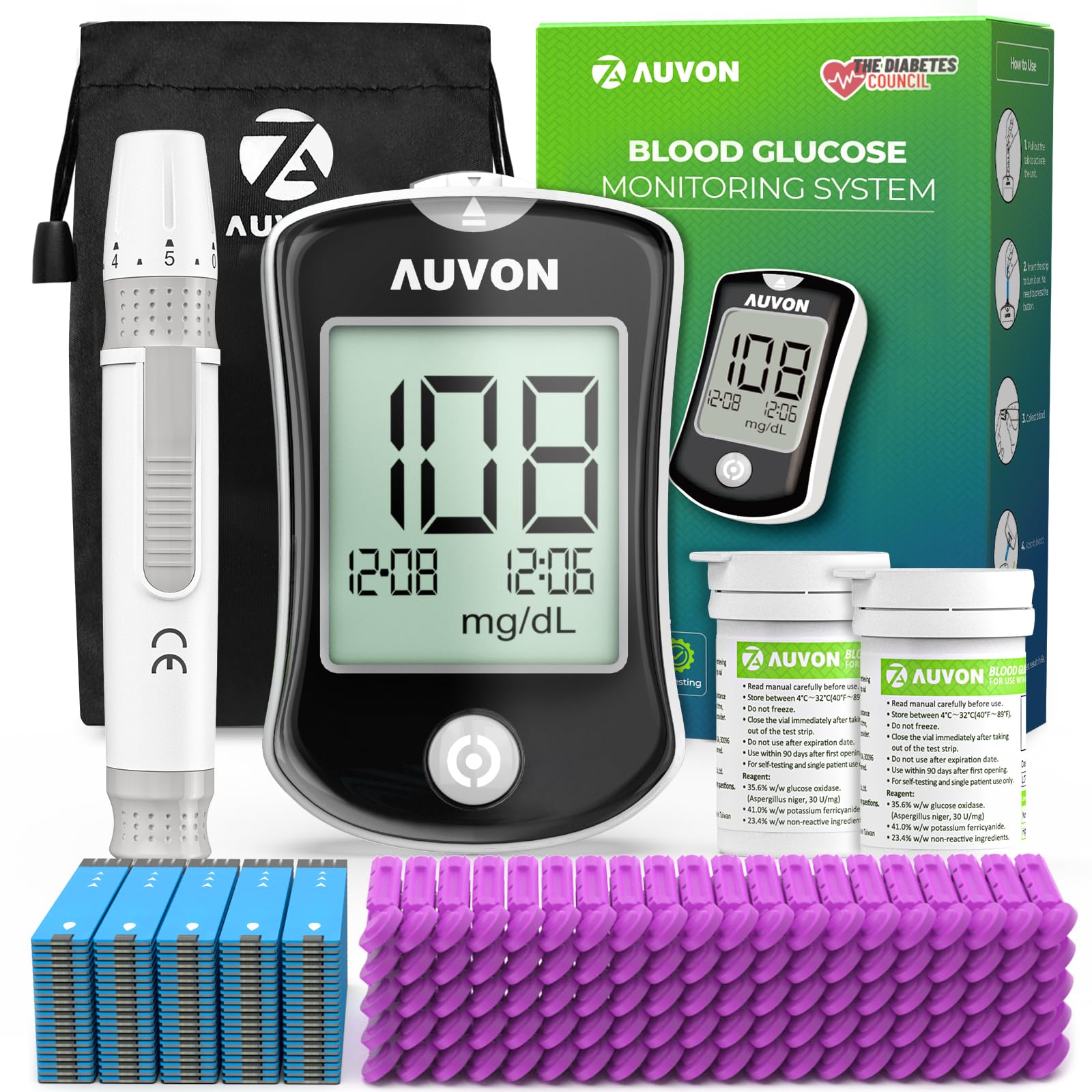 AUVONBlood Glucose Monitor Kit for Accurate Test, Diabetes Testing Kit with 100 Glucometer Strips, 100 30G Lancets and Lancing Devices, DS-W Portable Sugar Test Kit, No CodingCarbonfree CertifiedClimeCo Certified