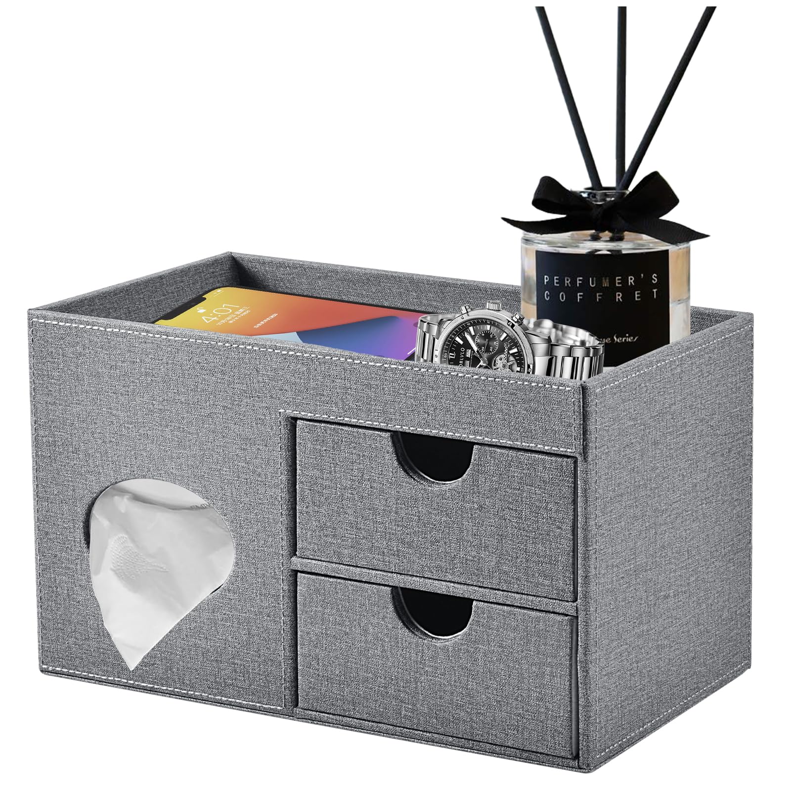 Square Tissue Box Cover with Drawers,Tissue Box Holder with Storage Tray,​ Makeup Organizer and Desk Organizer,Tissue Holders Decorative for Bathroom Vanity NightStand Dressing Table (Grey)