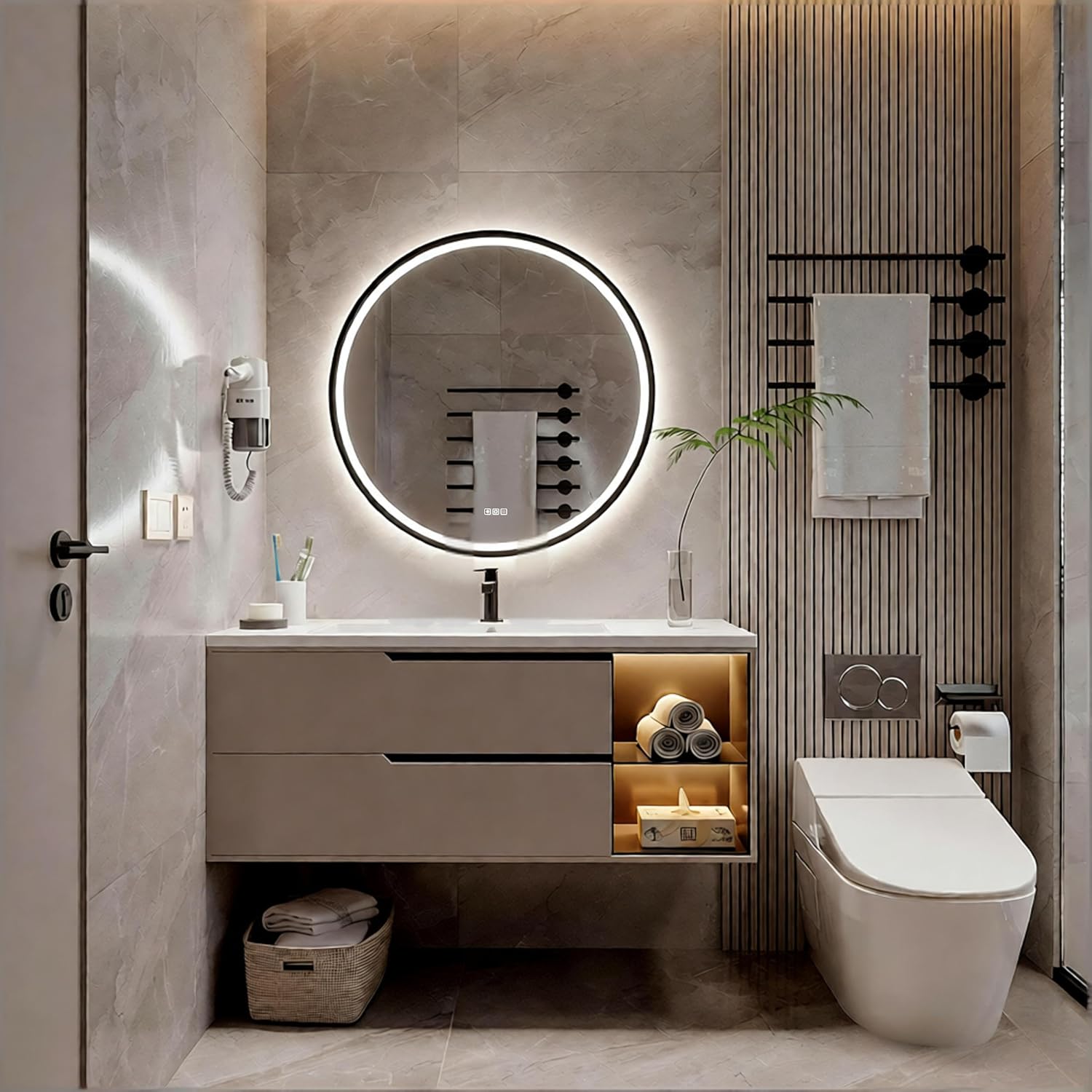 20 inches Round Aluminum Black Framed LED Mirror, Smart Bathroom Mirror with Lights, Anti-Fog, Tempered Glass, 3 Colors Dimmable, Front and Backlit, Wall Mounted, Memory