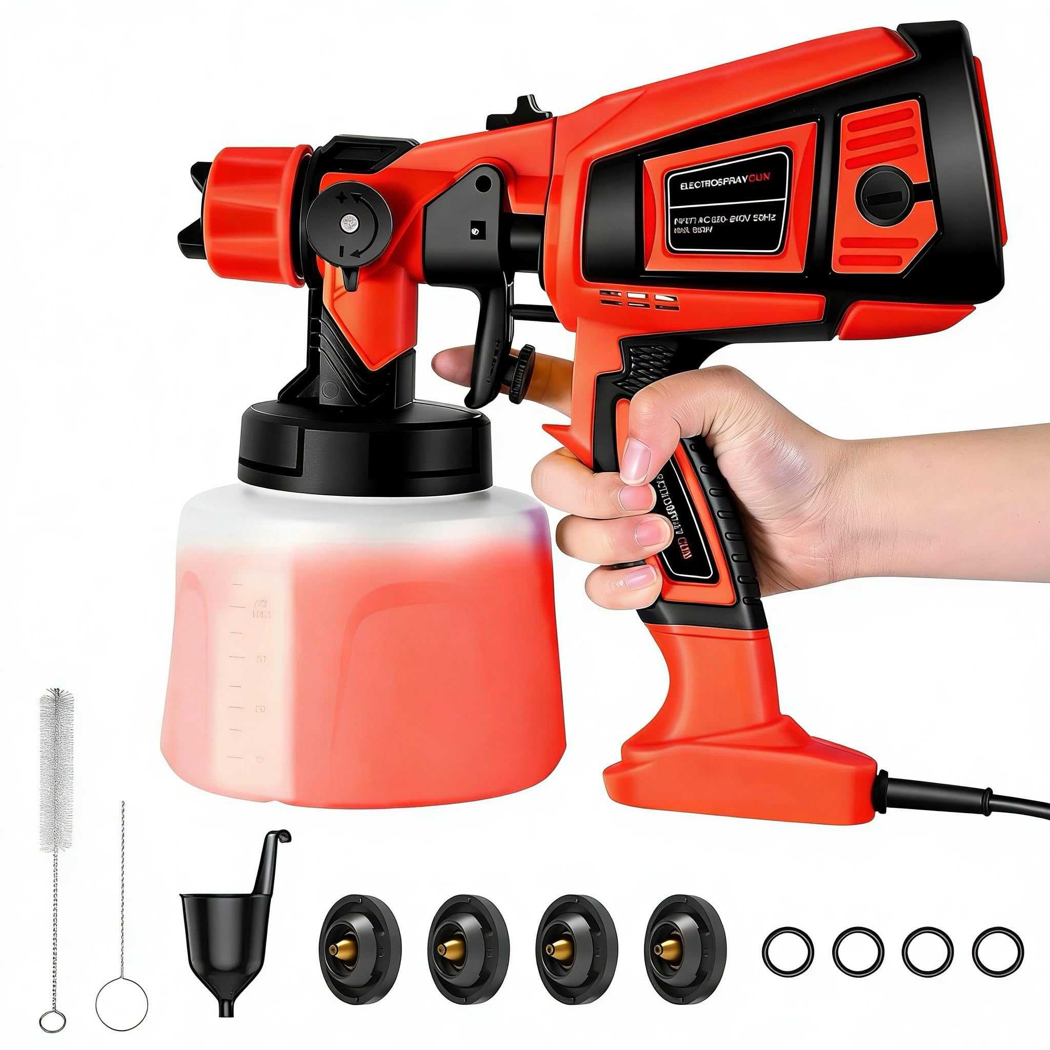 Paint Sprayer, 850W HVLP Electric Spray Gun with 1400ML Container, Fence Paint Sprayer Spray Gun with 4 Nozzles & 3 Patterns for Walls, Fences, Furniture, Cabinets, Sheds, DIY Projects (Red)