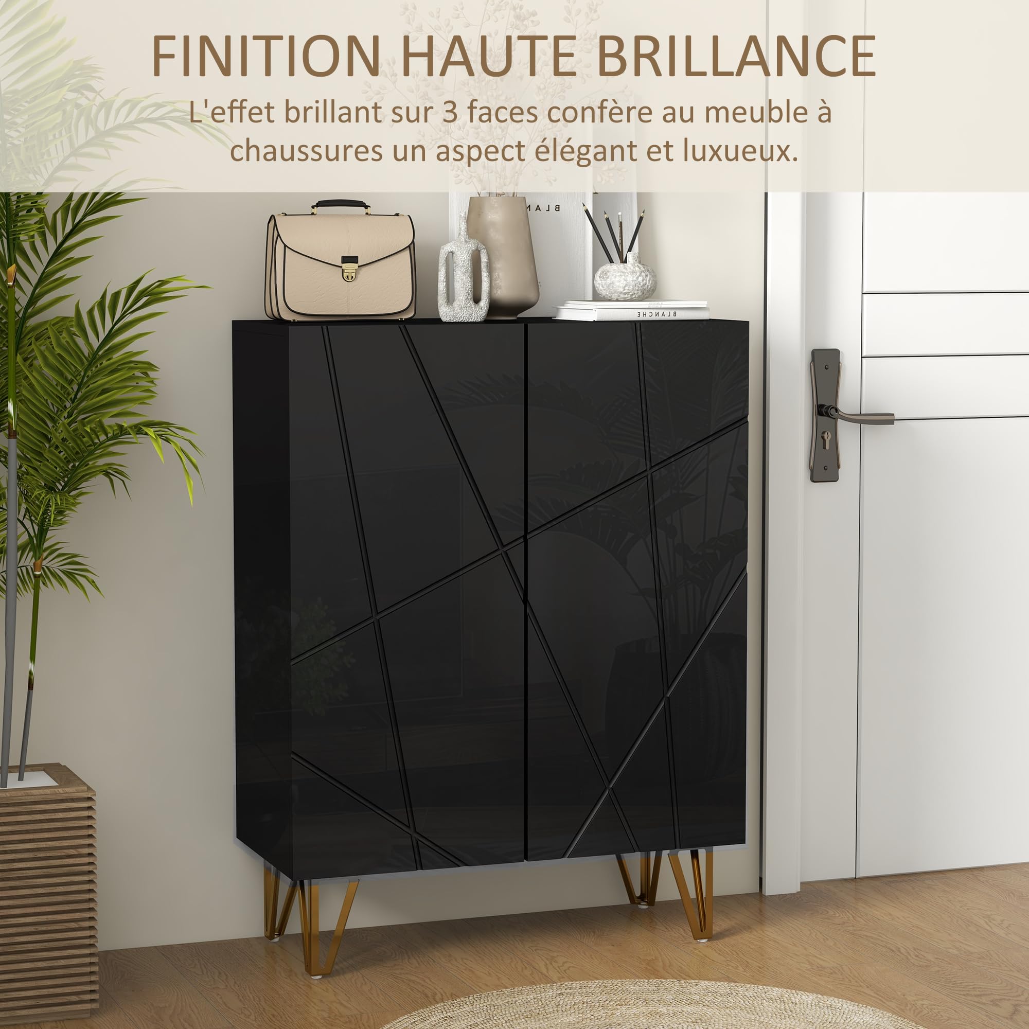 HOMCOM Meuble à Chaussures à Haute Brillance 2 Portes Noir Laqué | Meuble de Rangement à Chaussures pour 15 à 20 Paires, Charnières à Fermeture Douce, Étagères Réglables