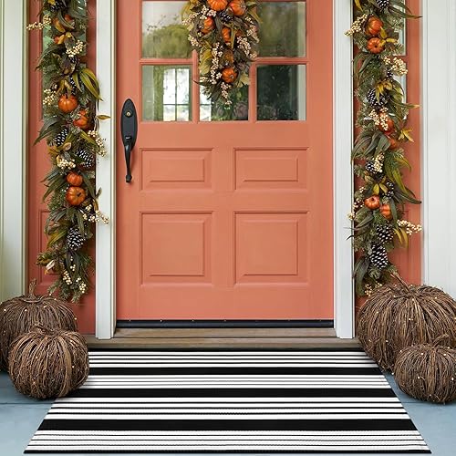 Vista 117 de Alfombra de exterior a rayas blancas y negras, 3 x 5 pies, de algodón, moderna, tejida a mano, reversible, alfombra de patio lavable en capas para 1