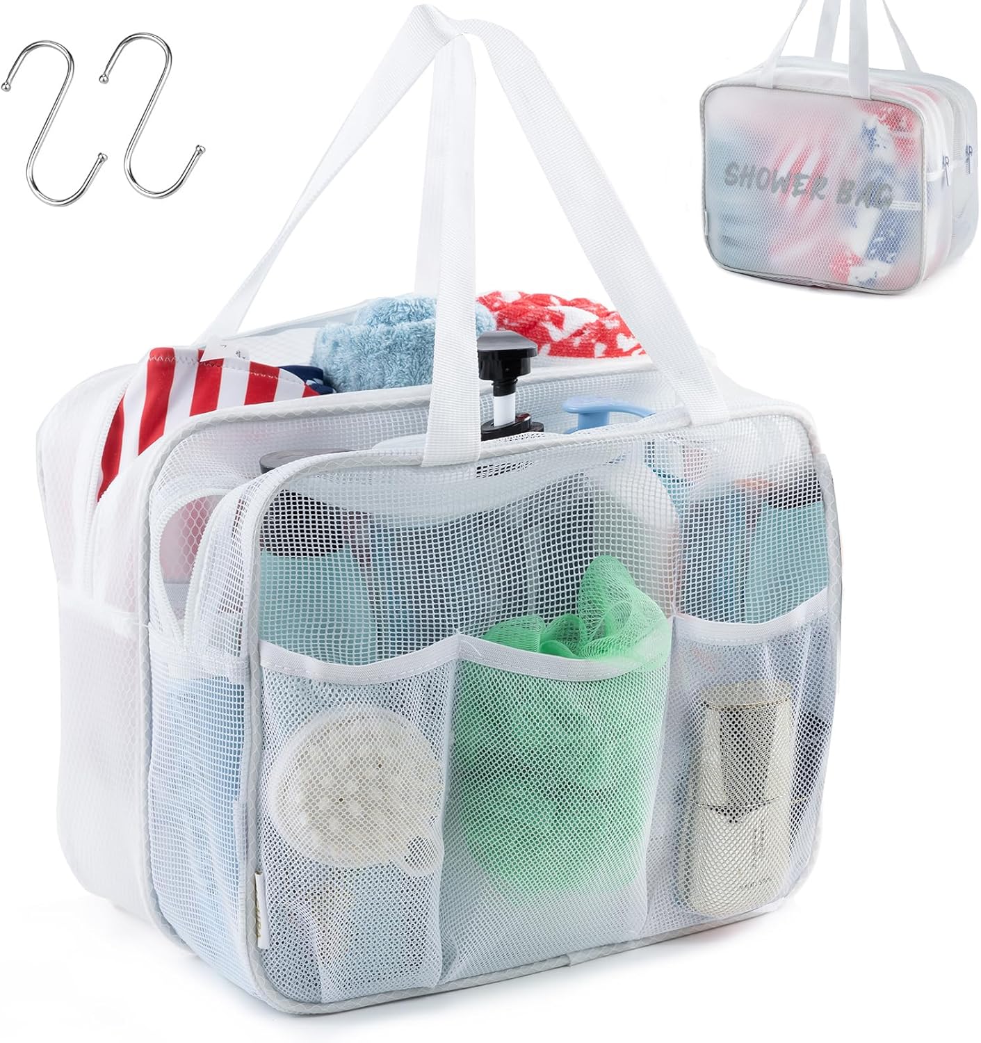 Large Mesh Shower Caddy with Wet & Dry Zones – Portable Hanging Toiletry Bag for College Dorm Room Essentials, Travel, Gym, Camping, Beach Tote Bag – Quick-Dry Shower Tote Organizer