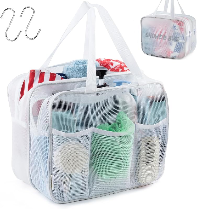 Necessaire organizadora para banho ELCUPA com compartimentos seco e úmido, malha e ganchos, branca