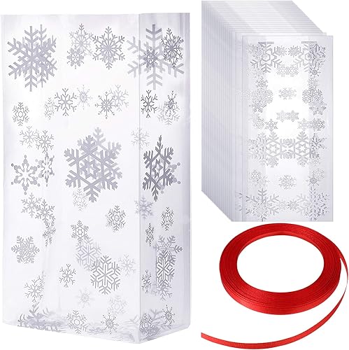 Outus 60 bolsas de regalo de celofán de Navidad, bolsas de dulces de copo de nieve, bolsas de regalo de plástico de celofán de invierno con cinta