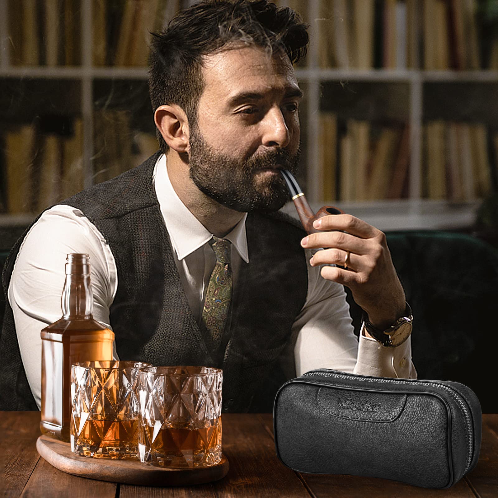 Scotte Pipe à tabac en cuir de poirier, accessoires pour pipe à tabac (racloir/support/élément filtrant/boule filtrante/petit sac/boîte) (noir 2)