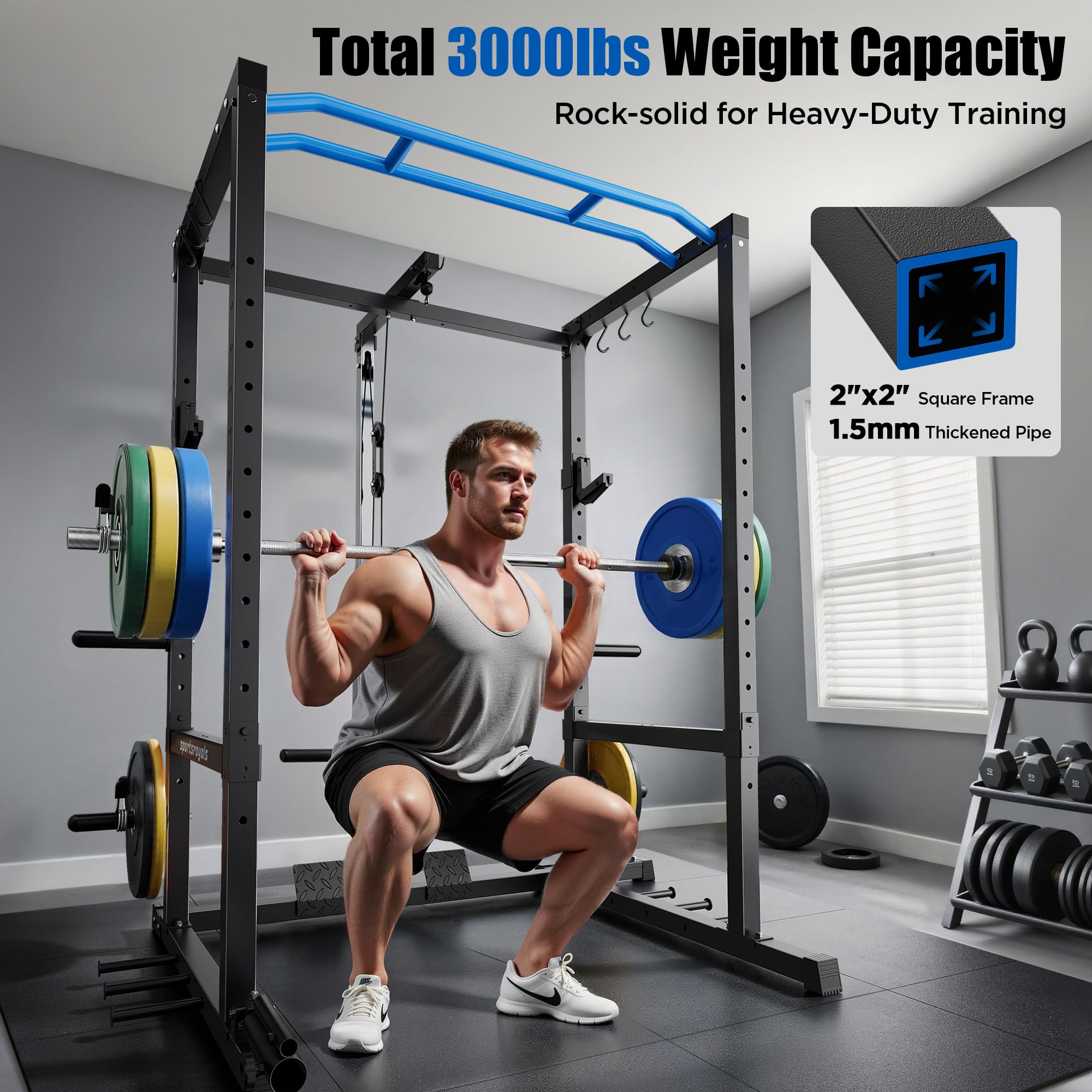 Sportsroyals Power Cage - Power Rack da 725,7 kg con cavo regolabile Crossover, multifunzione Squat Rack con sistema di puleggia e accessori per allenamento per palestra domestica