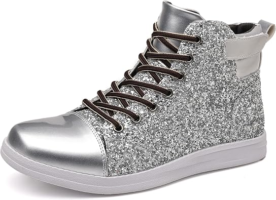 Trsorini Mens Glitter Shoes Sparkly High-top Sneakers Bling Sequin Shiny Men Lace-up Shoes