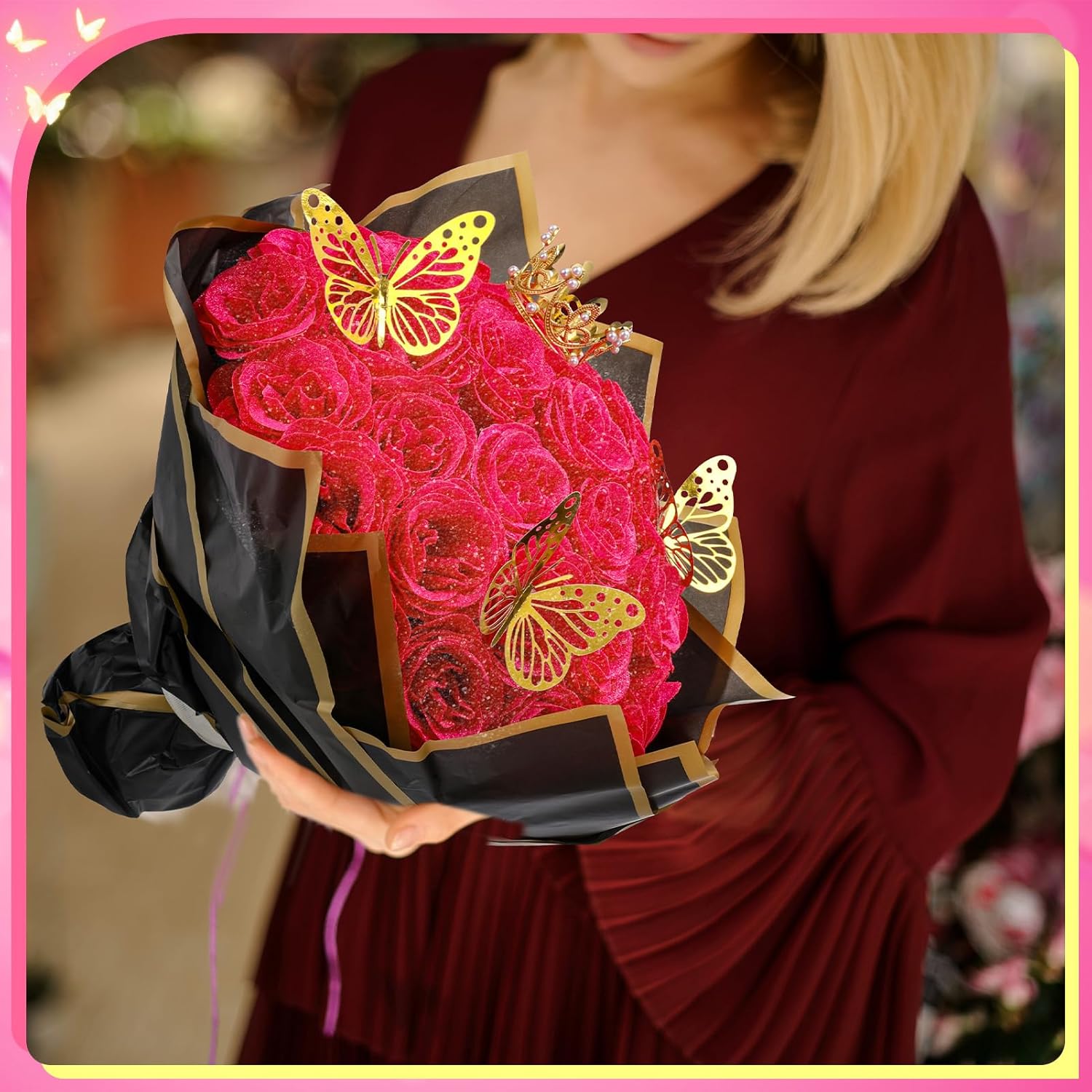 36 PCS Hot Pink Glitter Roses Bouquet Kit, Sparkling Flower Arrangement with Stems, Butterflies, Crown, Wrapping Paper, Card, Ribbon for Wedding, Holiday, Mother’s Day, Birthday, DIY Crafts - Image 7