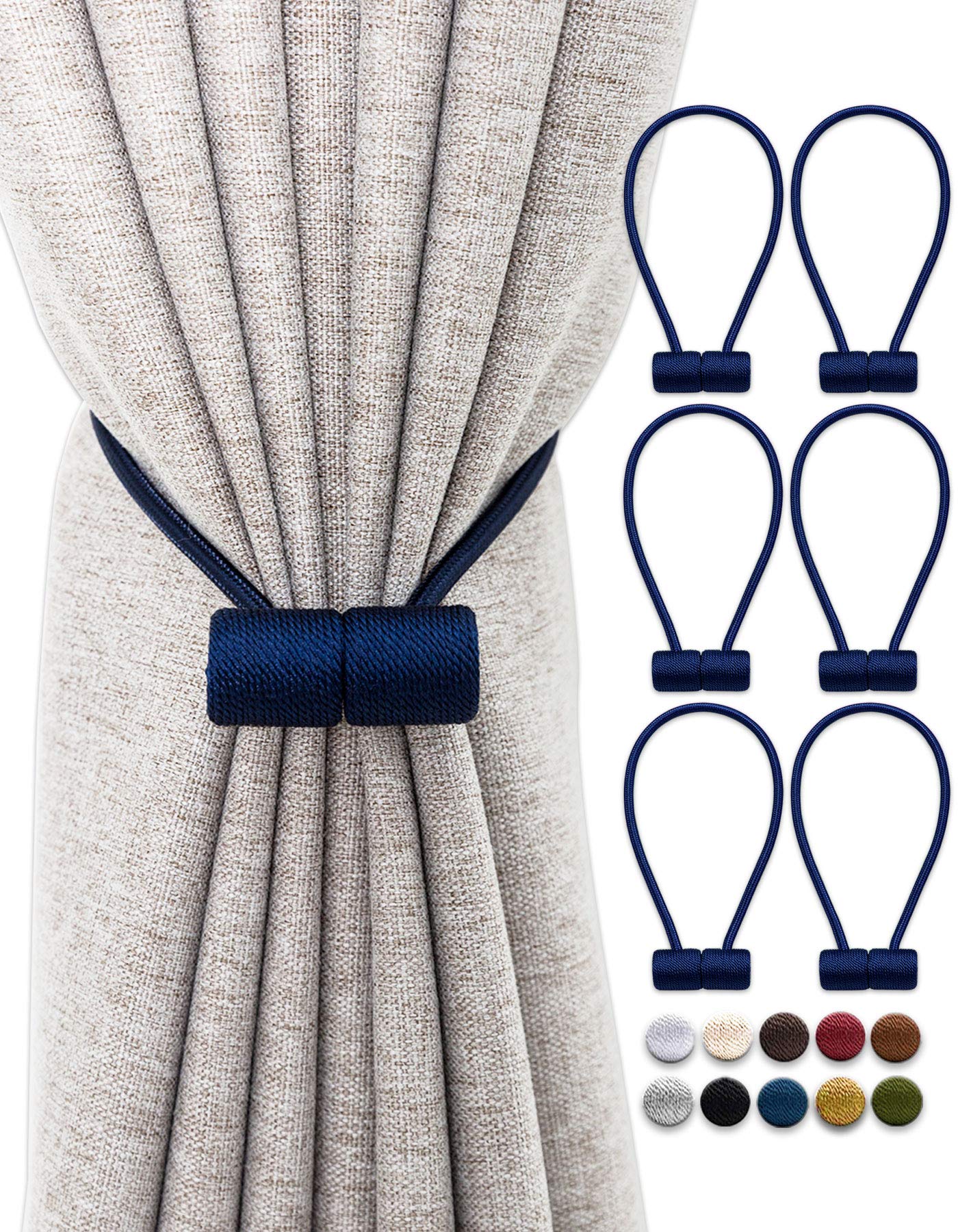OUdini Curtain Tiebacks, Drapery Tiebacks Curtain Holdback Rope Curtain Holder Buckles for Blackout/Sheer Window Treatment/Navy/6Pcs