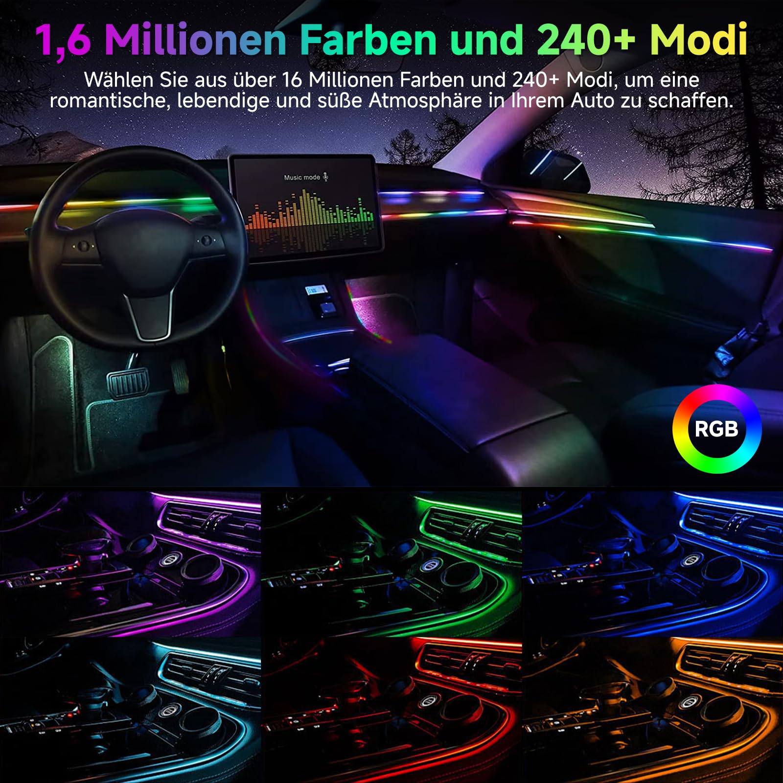 Acryl 6 IN 1 Auto Ambientebeleuchtung, RGB LED Auto Innenbeleuchtung Strip Lights 445cm 584 LEDs Innenbeleuchtung Streifen mit 16 Millionen Farben, 240＋Dynamische, App+Fernbedie