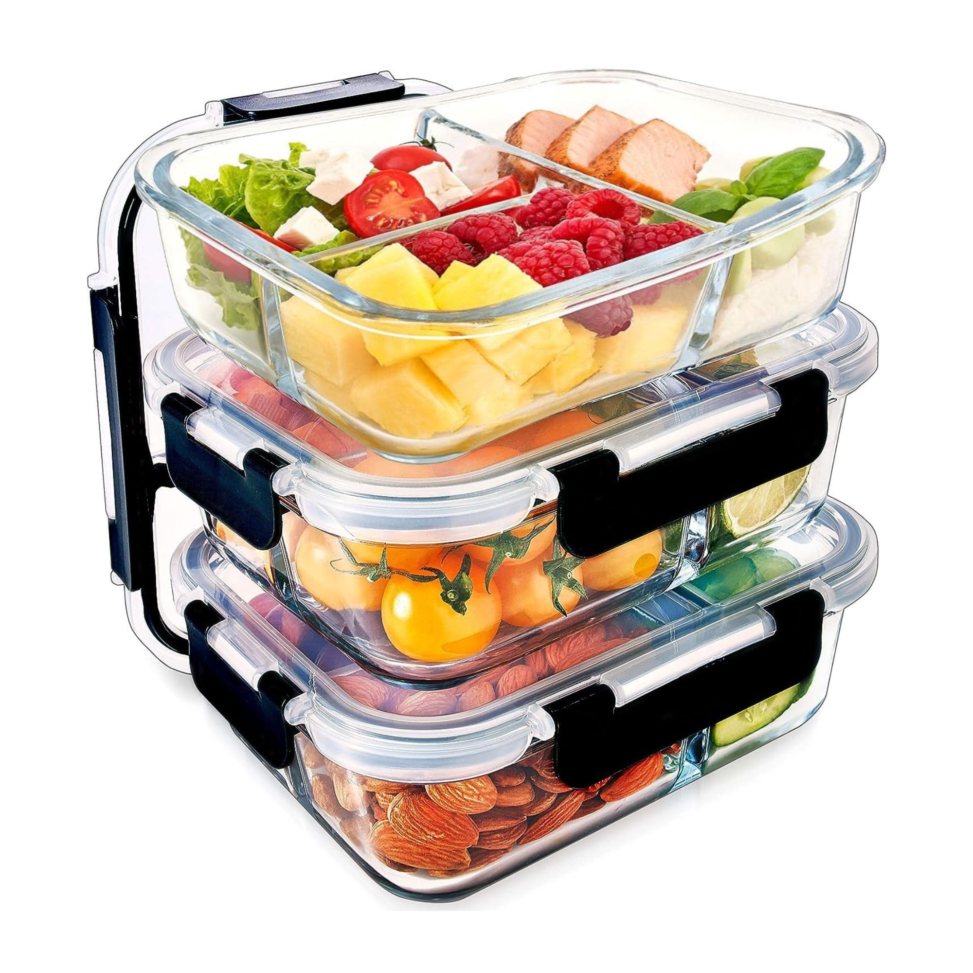 HOUSZY Set of 3 Glass Meal Prep 3 Compartment Container with Airtight SnapLock Lids - Portion Control Food Storage - BPA Free - Microwavable, Dishwasher and Oven Safe