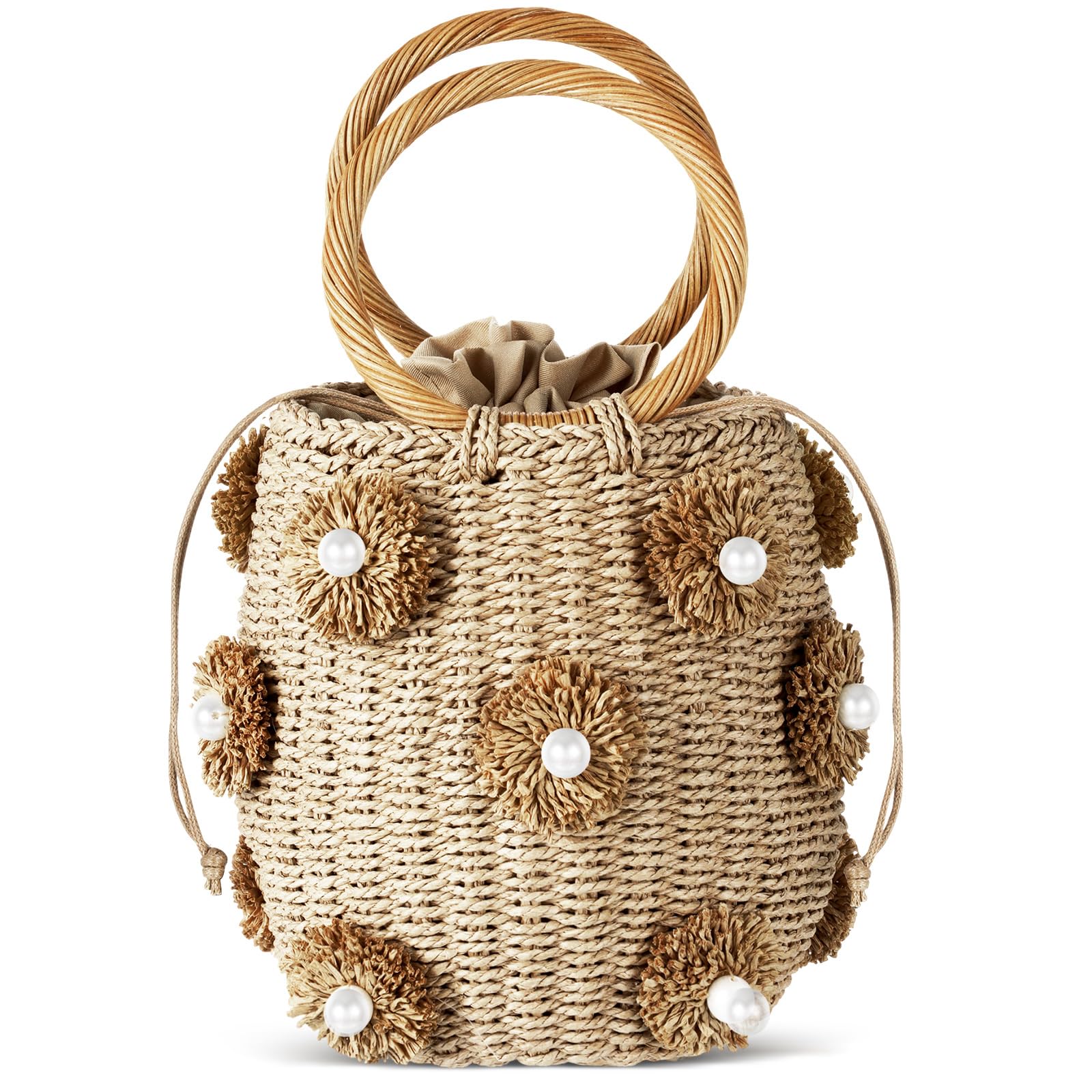 Summer Straw Bags for Women - Beach Drawstring Straw Bucket Tote Pearl Flower Diamond Rattan Handbag