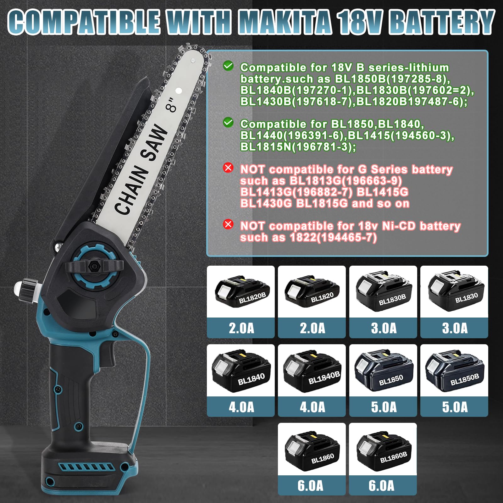 WingFly Mini Tronçonneuse à Batterie 8 Pouces Compatible avec Makita 18V, Tronçonneuse Sans Balais avec 2 Chaînes, Tronçonneuses à une Main pour l'élagage le Jardin (Sans Batterie)