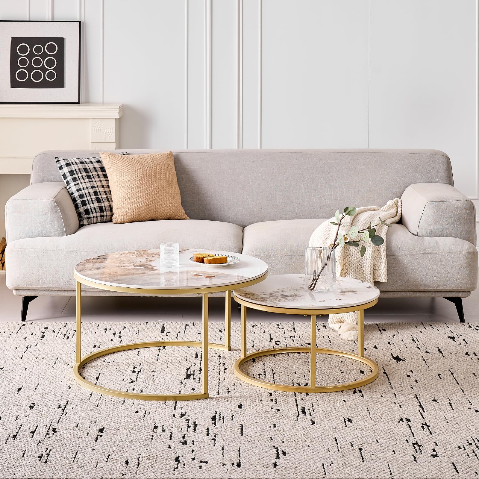 GrandCA HOME Tables Basses Rondes gigognes, Lot de 2 avec Cadre en métal doré pour Salon Moderne, 60 cm et 80 cm Tables d'appoint Pandora en Pierre frittée