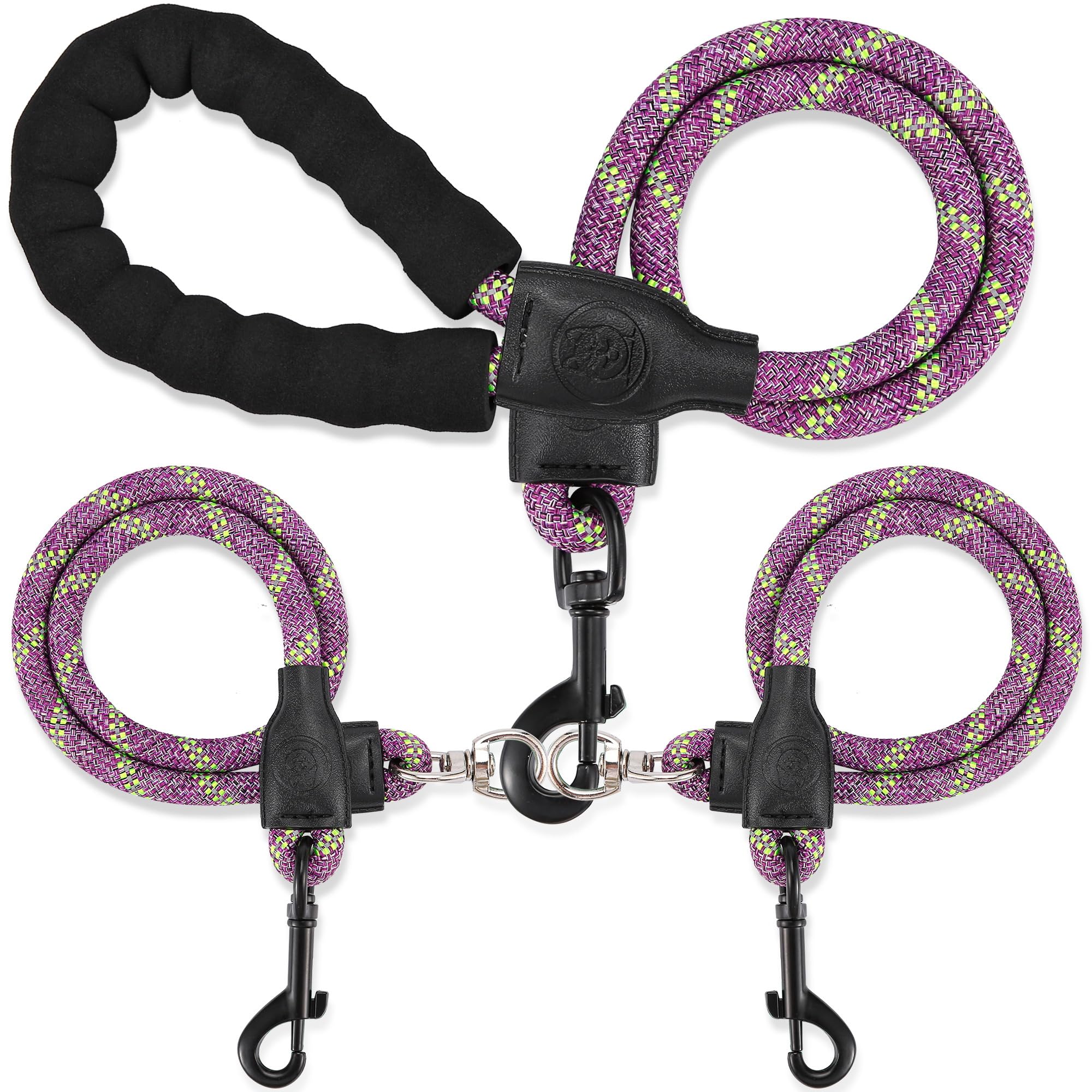 Double Dog Leash for Two Dogs - Detachable 360° Swivel, No Tangle Leash with Reflective Strips for Walking and Training Small Medium and Large Dogs, S/8-45ibs, Purple