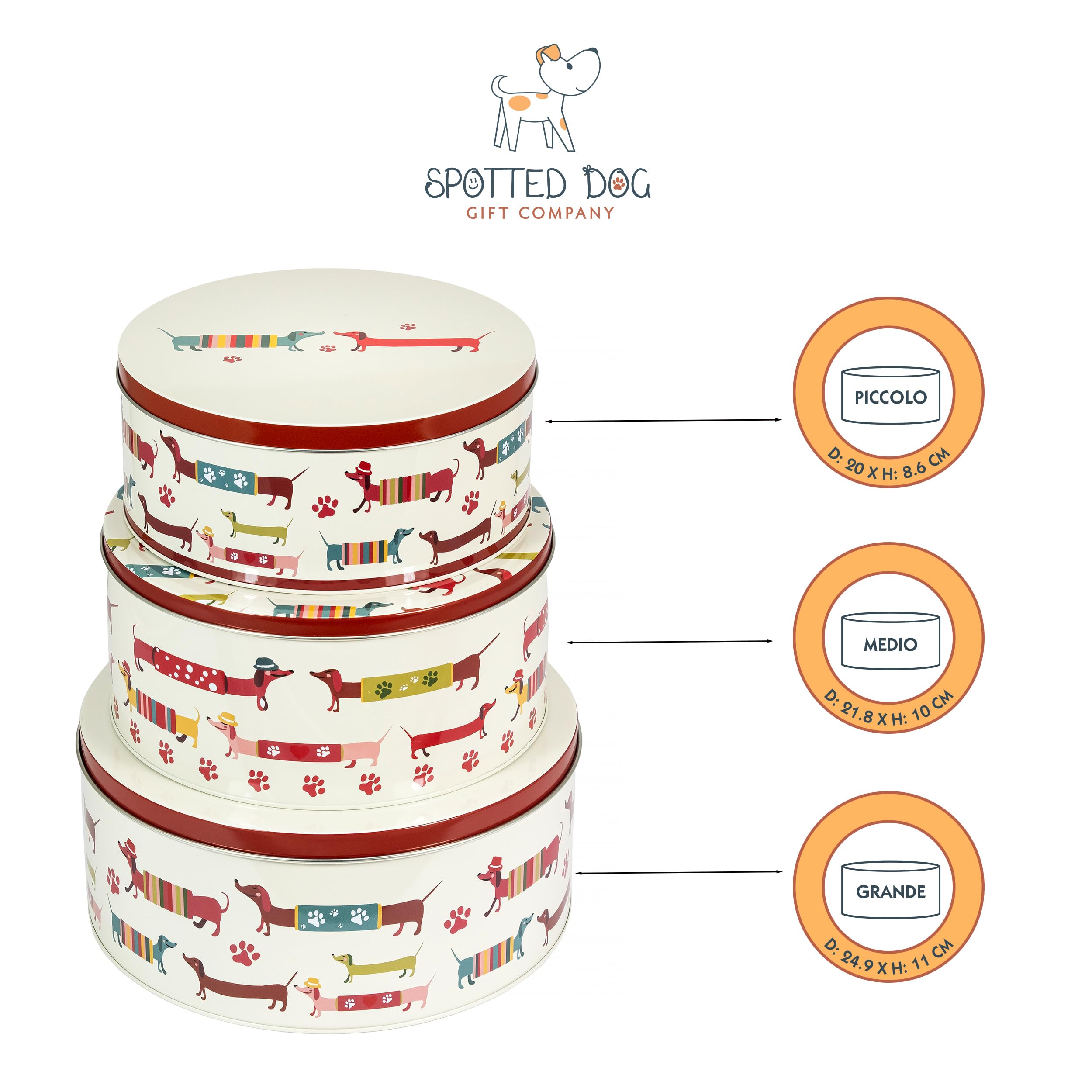 SPOTTED DOG GIFT COMPANY Set di 3 Scatole di Latta, Contenitori Impilabili per Biscotti in Metallo, Barattoli di Latta Rotondi Ermetici per Conservare Torte e Alimenti, Piccola Media Grande - Bassotti