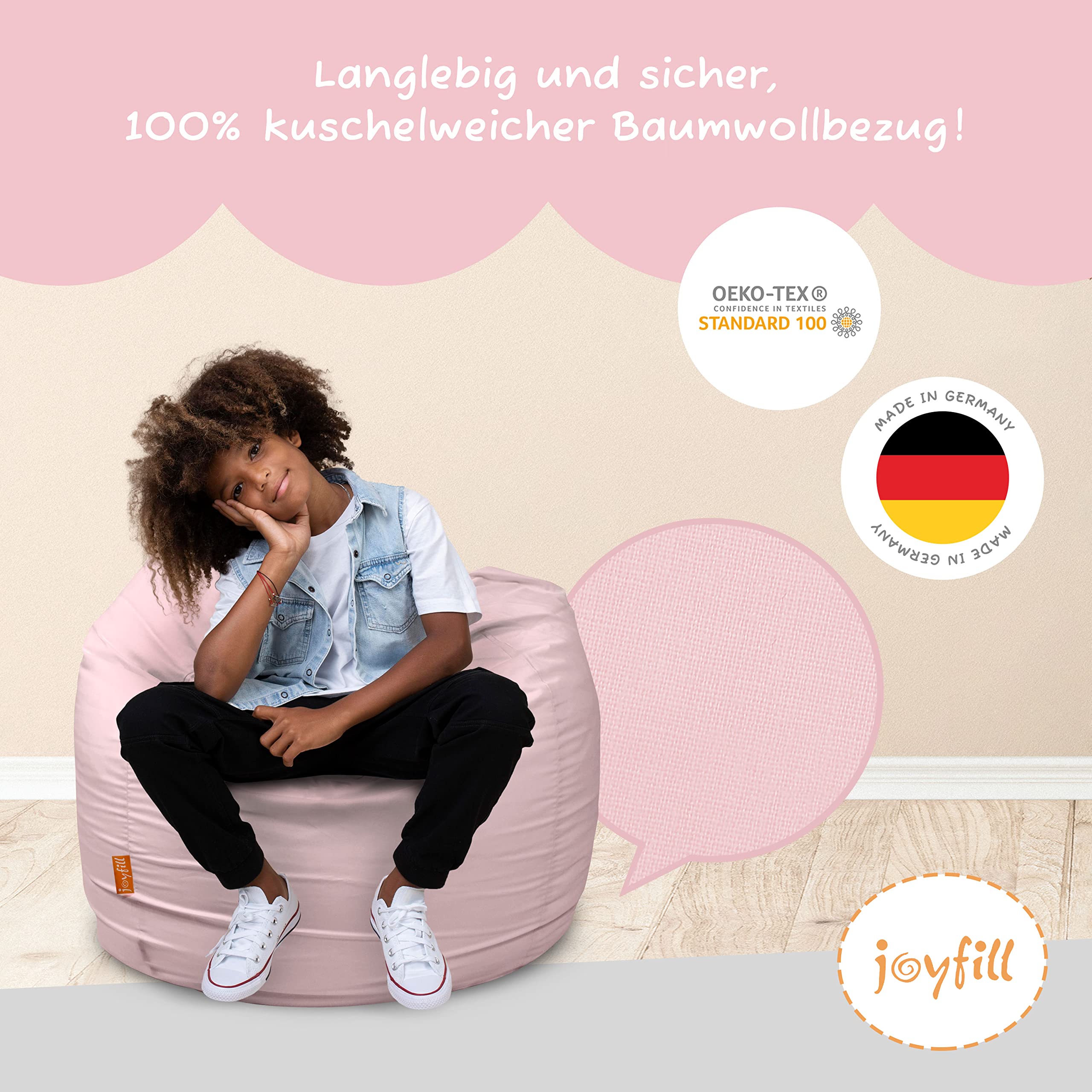 joyfill® XXL Sitzsack Kinder ÖKO-TEX Zertifiziert & 100% Made in Germany Kinder Sitzsack XXL mit weichem Baumwollbezug ideal für Jungen & Mädchen (505 Rose)