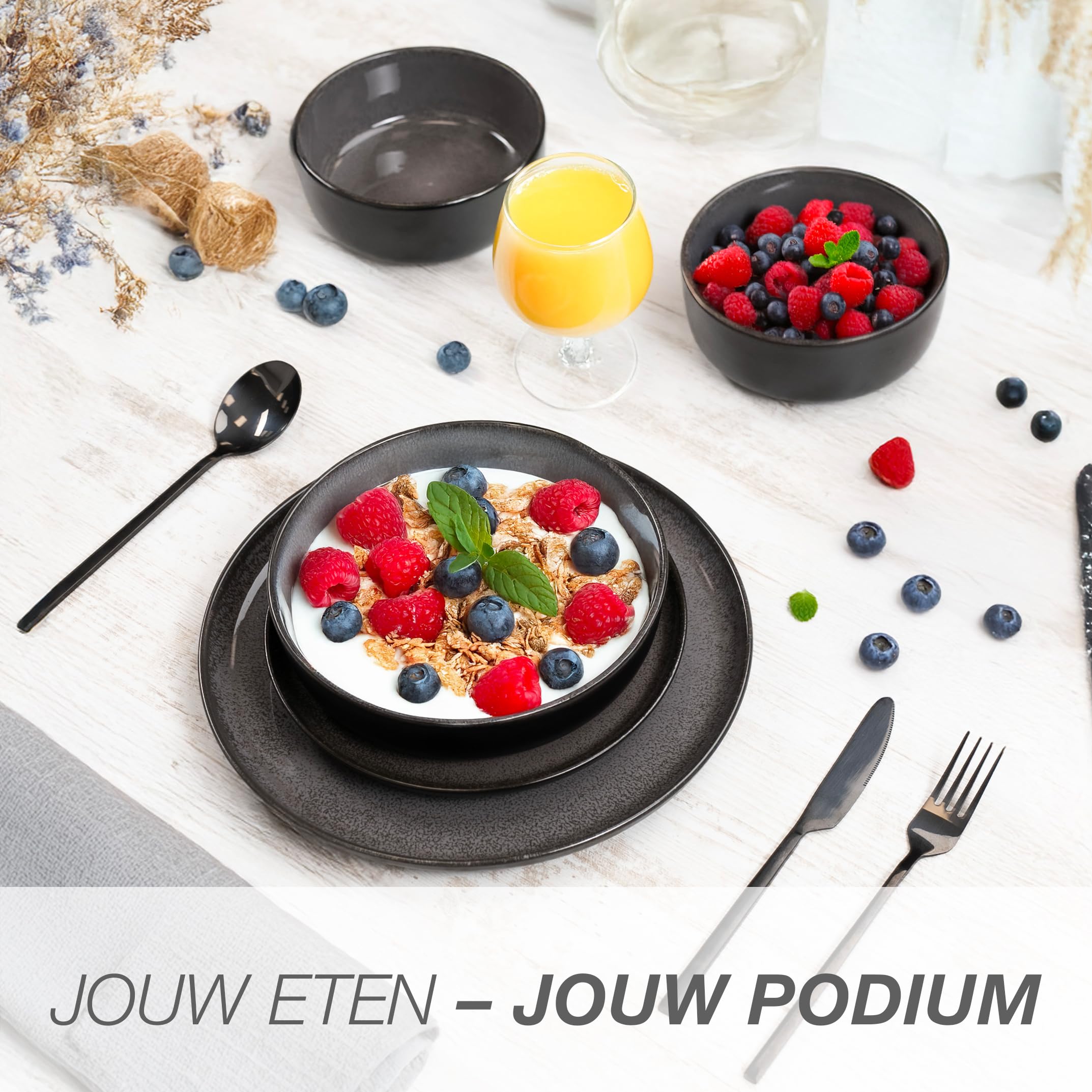 Dessertbordenset Manhattan 6 Stuks in Zwart - Premium Steengoed, Geschikt voor Vaatwasser en Magnetron - Stijlvolle Matzwarte Dinerborden - Pure Living Bordenservies Urban Black Line