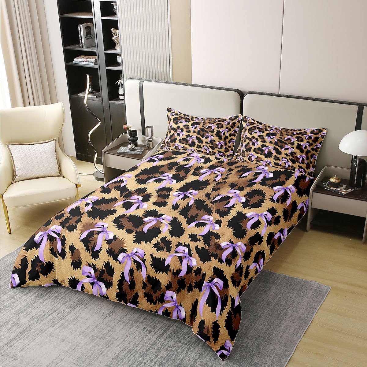Homewish Bowknot King Size Zestawy Pościeli Leopard Print Coton Poszwa Na Kołdrę Gepard Lampart Poszewka Na Kołdrę Afrykańskie Dzikie Zwierzę Motyw Zestaw Łóżko