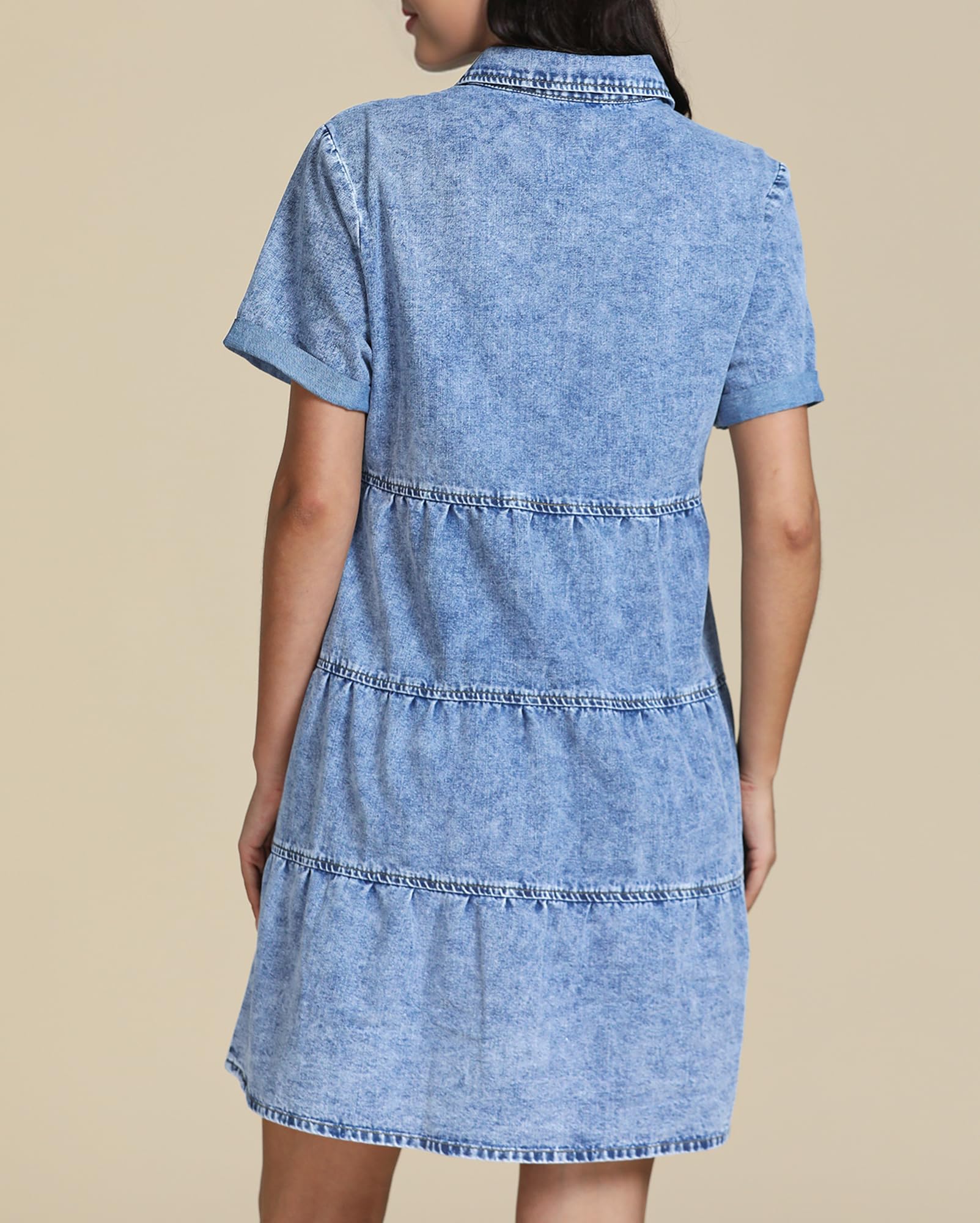 Vetinee Damen Jeanskleid Sommer Kurze Ärmel Button Down Gestaffelt Denim Kleid Freizeitkleider Hemdkleid