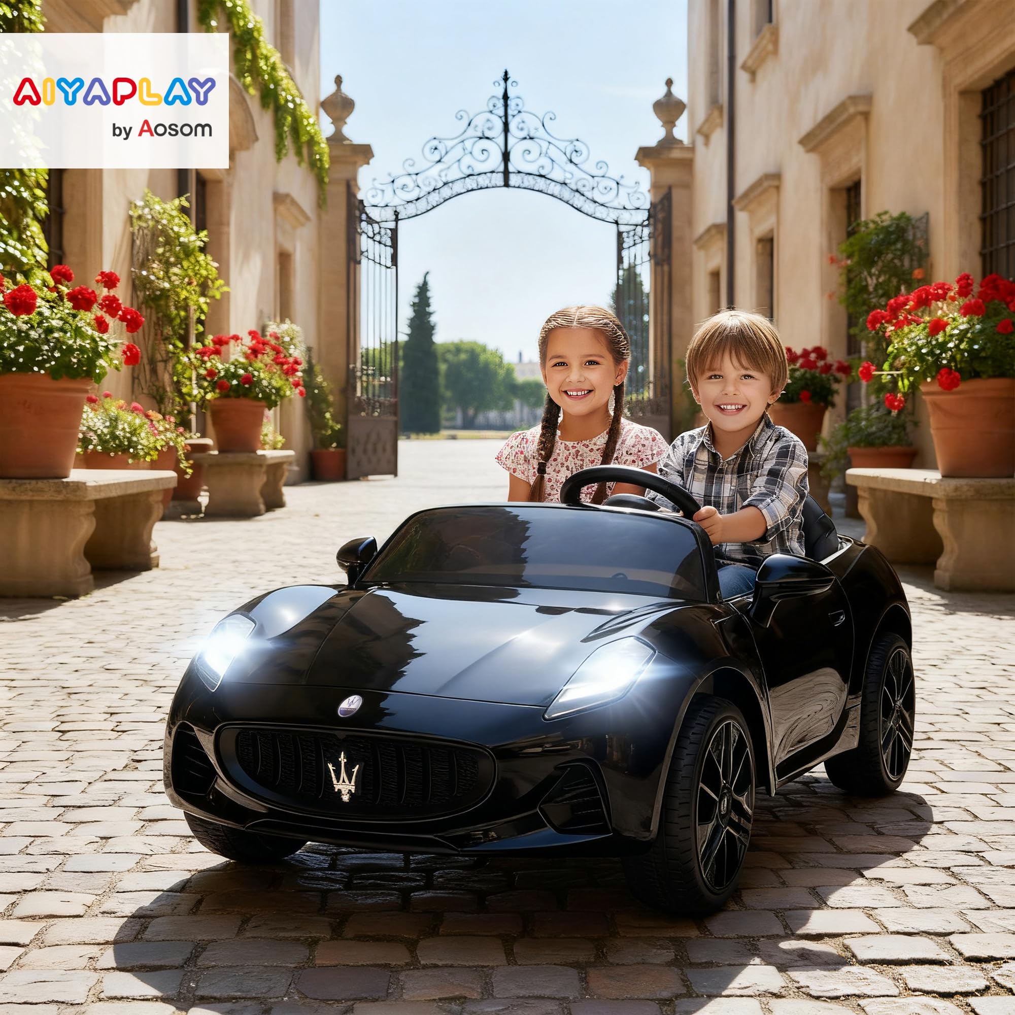 AIYAPLAY Kinder Elektroauto Maserati 12V 2-Sitzer Kinderauto Schwarz | 2,4 GHz Fernbedienung, 2 Motor, Elektrofahrzeug mit Federung, Musik, USB, Hupe, LED-Leuchten, für 3-8 Jahre, 3-8 km/h