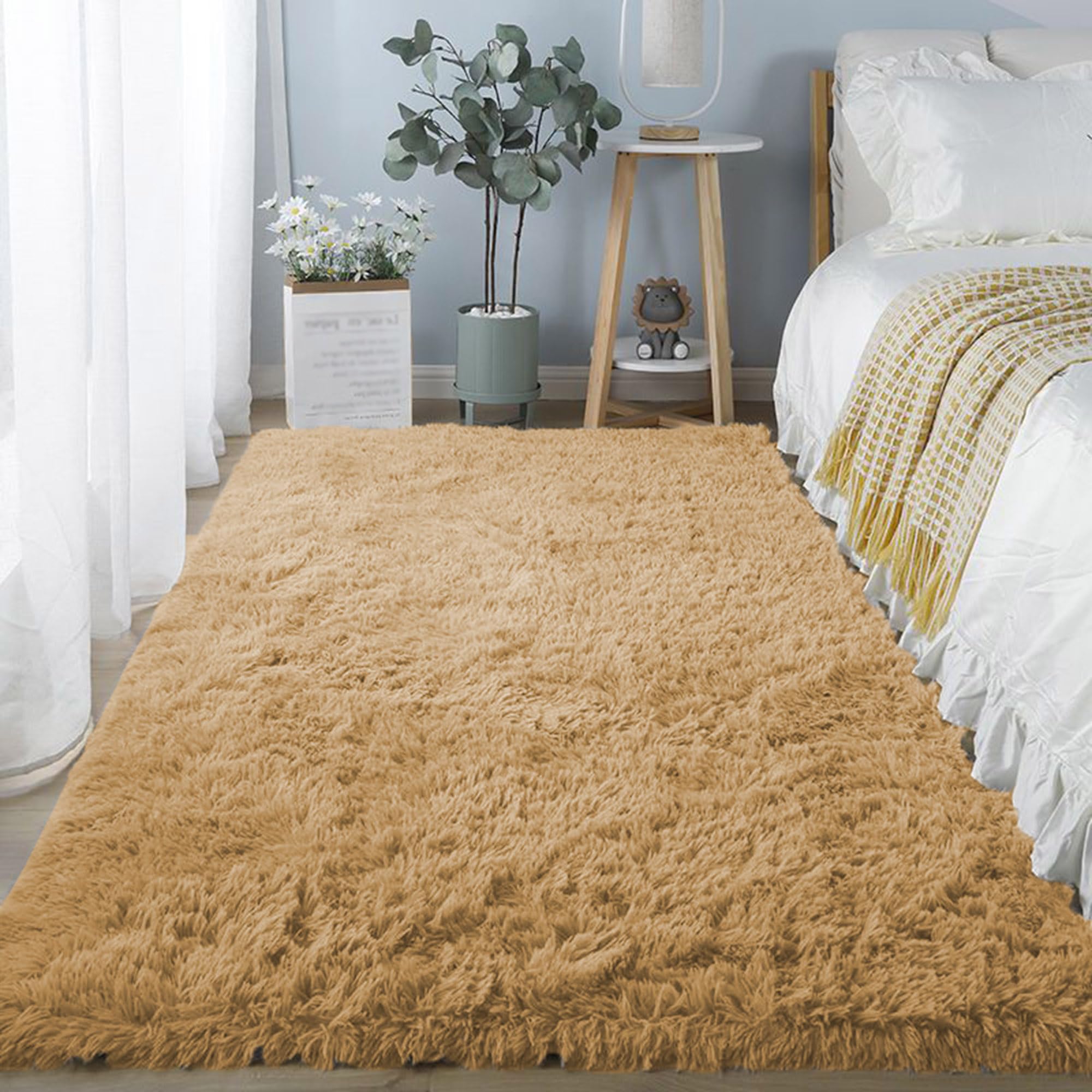 Tapis shaggy beige 60x160 cm pour salon et chambre d'enfant