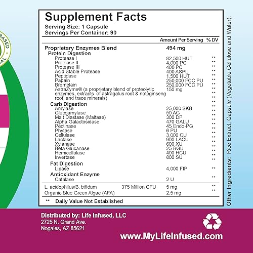 Miniatura 8 de Life Infused Digest Infundido - Suplementos de enzimas digestivas prémium - 21 enzimas a base de plantas, proteasas, bromelina, amilasa, papaína -