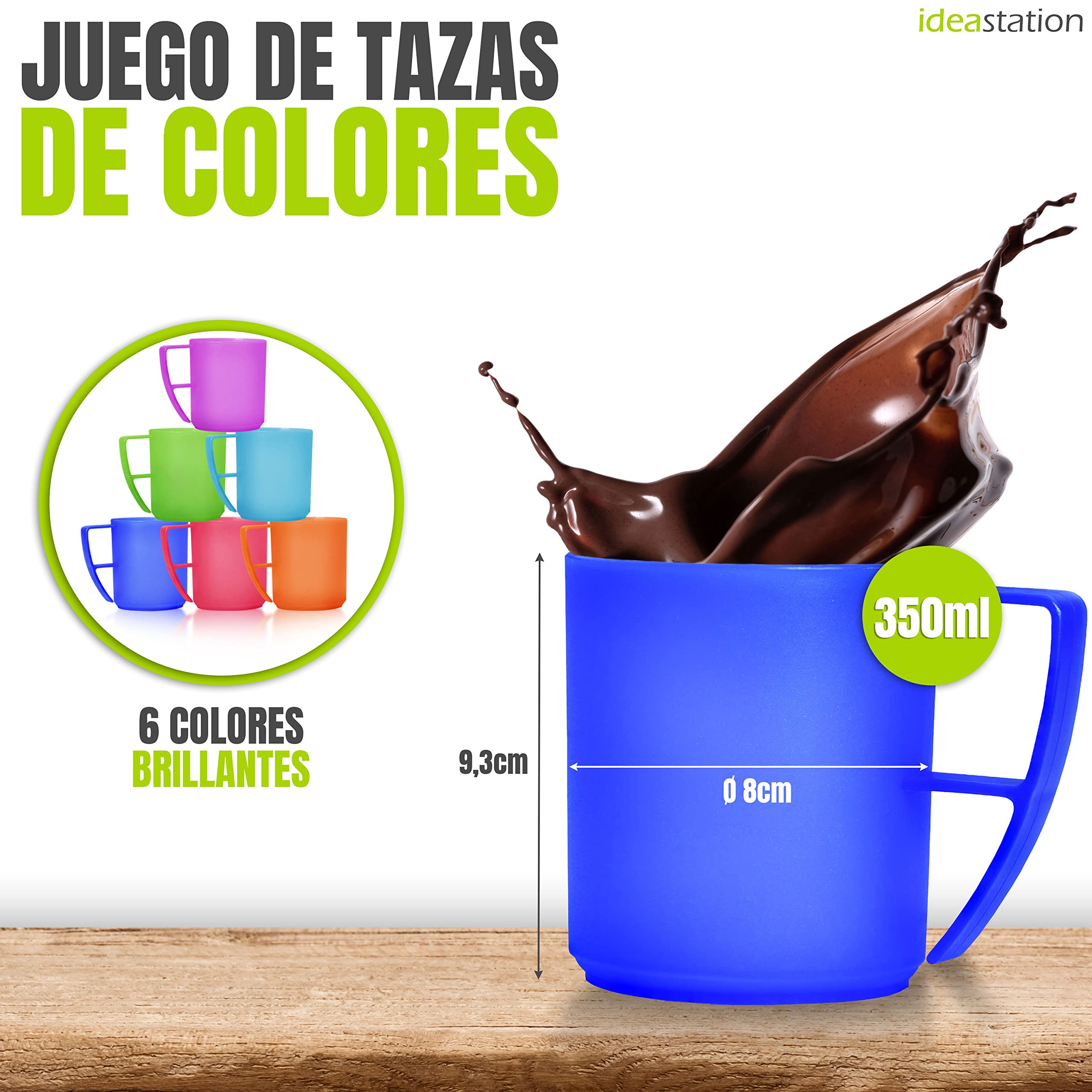 NEO Juego de 6 tazas de plástico para camping, 6x 350 ml - COLORES - taza de café o té irrompibles - tazas de plástico con asas ideales para llevar, vajilla camping