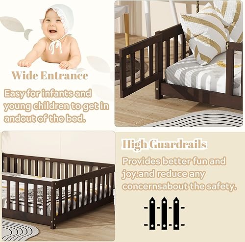 Miniatura 36 de Harper & Bright Designs Cama de suelo tamaño Queen con valla y puerta, marco de cama Montessori de madera para niños, niñas, listones incluidos, no